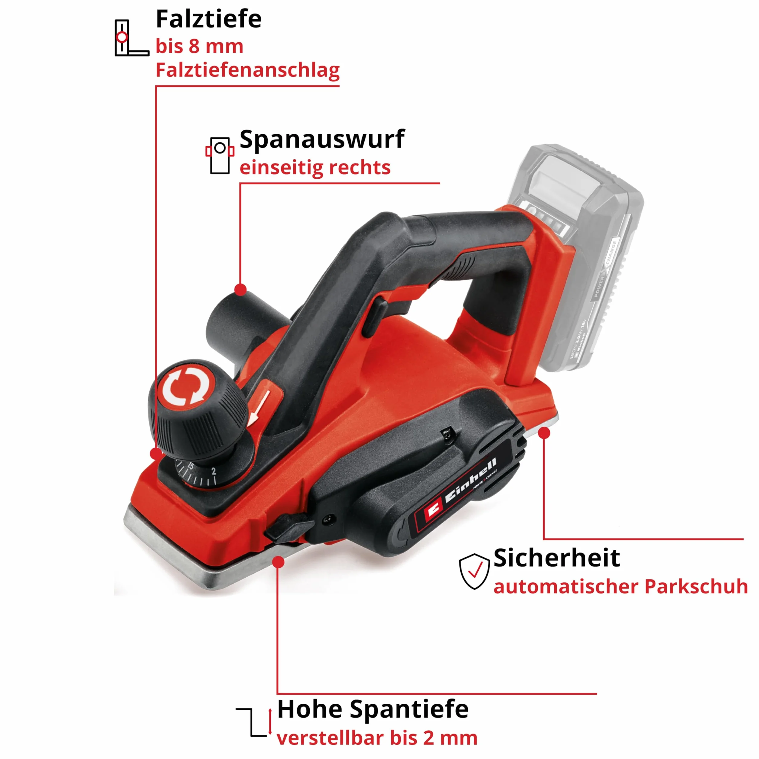 Einhell Strug akumulatorowy TE-PL 18/82 Li-Solo Power X-Change (18 V, Li-ion, szerokość struga 82 mm, głębokość skrawania do 2 mm, automatyczna stopka parkująca, bez akumulatora i ładowarki)