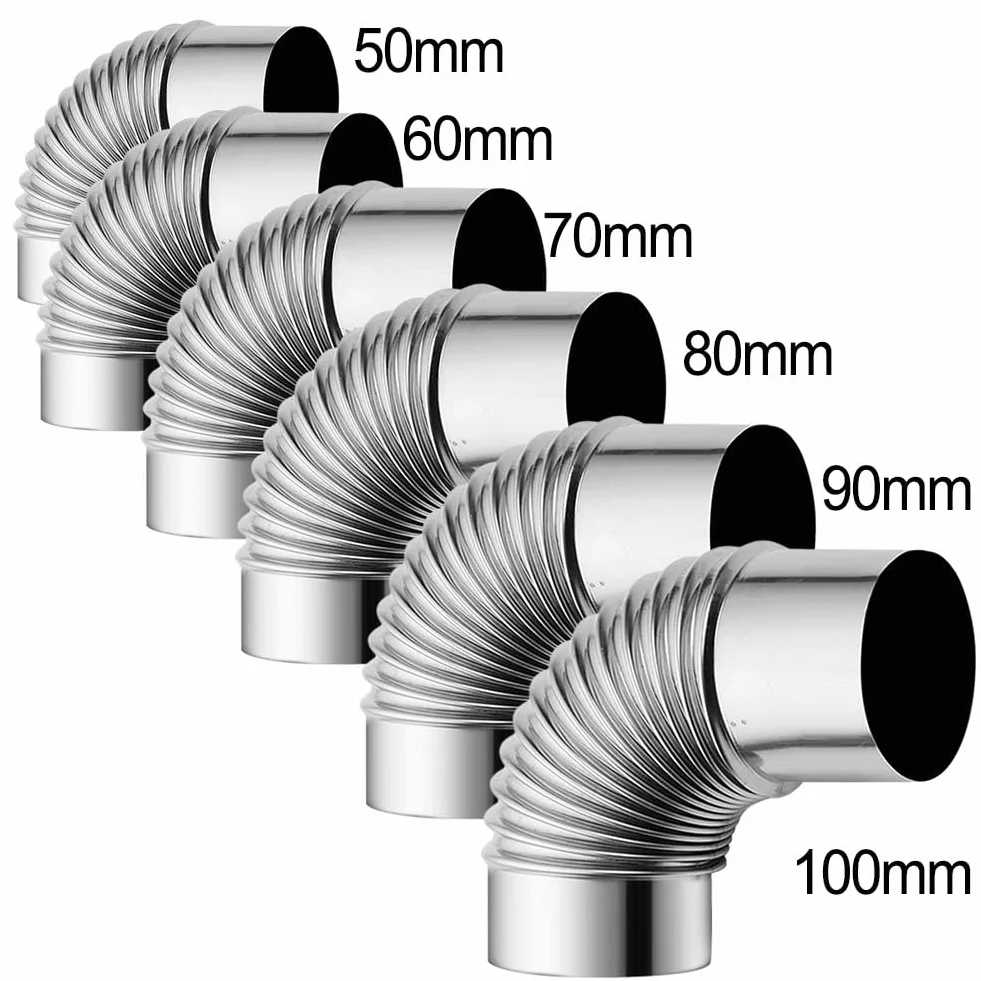 FUBESK Kolanko rurowe 90°, elastyczna rura pieca, komin pieca na drewno ze stali nierdzewnej, Ø 50mm, 60mm, 70mm, 80mm, 90mm, 100mm, żaroodporne kolanko wkładu kominowego zgięcie rury spalinowej (60mm
