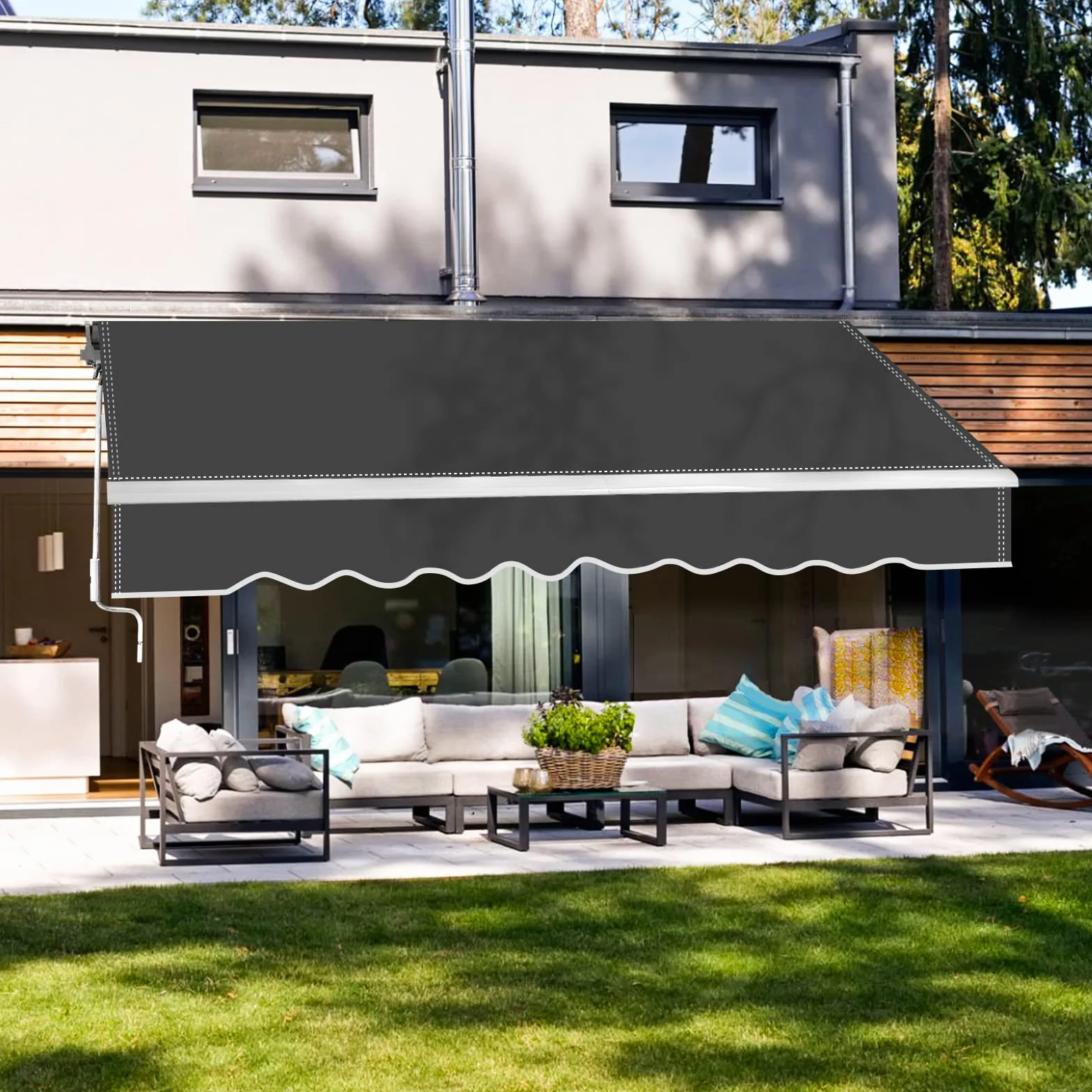 Herrselsam Markiza z ramieniem przegubowym 350x300 cm zwijana z korbą ręczną kąt regulowany szara