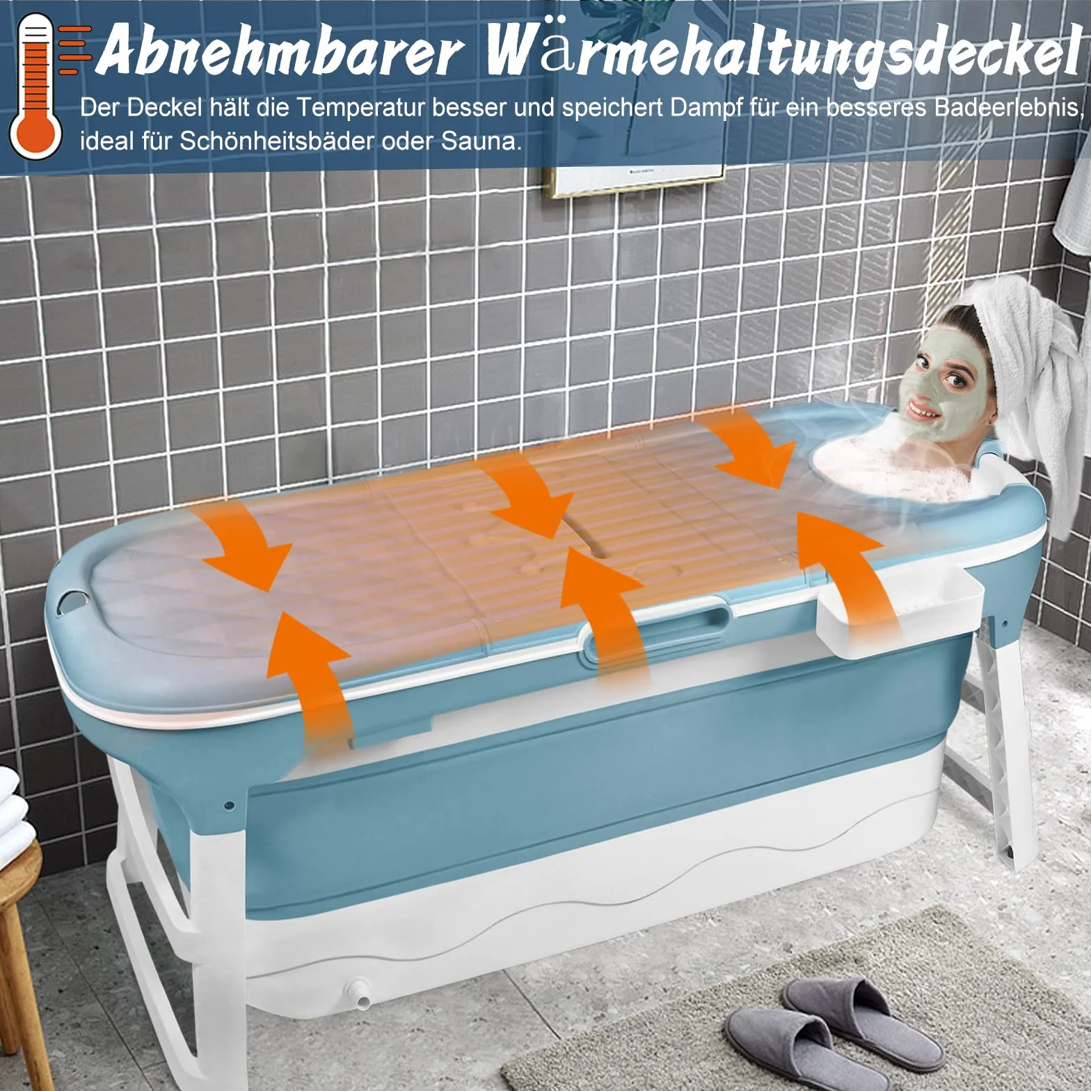 YUENFONG Wanna dla dorosłych XXL, składana wanna do kąpieli, ze zdejmowaną pokrywą, materiał PP i tworzywo sztuczne, wymiary 143 x 62 x 53 cm