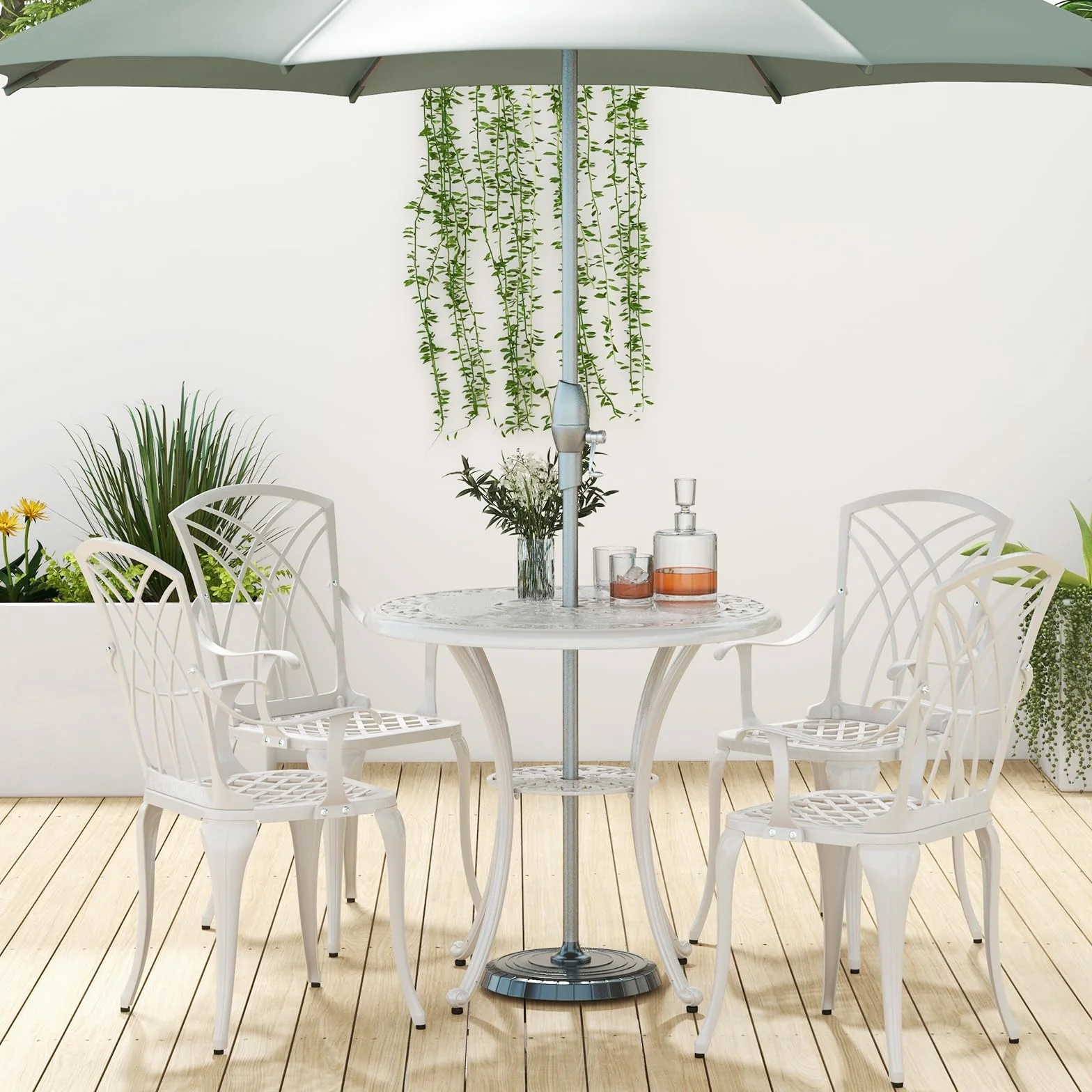 COSTWAY 5-częściowy zestaw mebli ogrodowych z odlewu aluminiowego, odporne na warunki atmosferyczne, stół z otworem na parasol