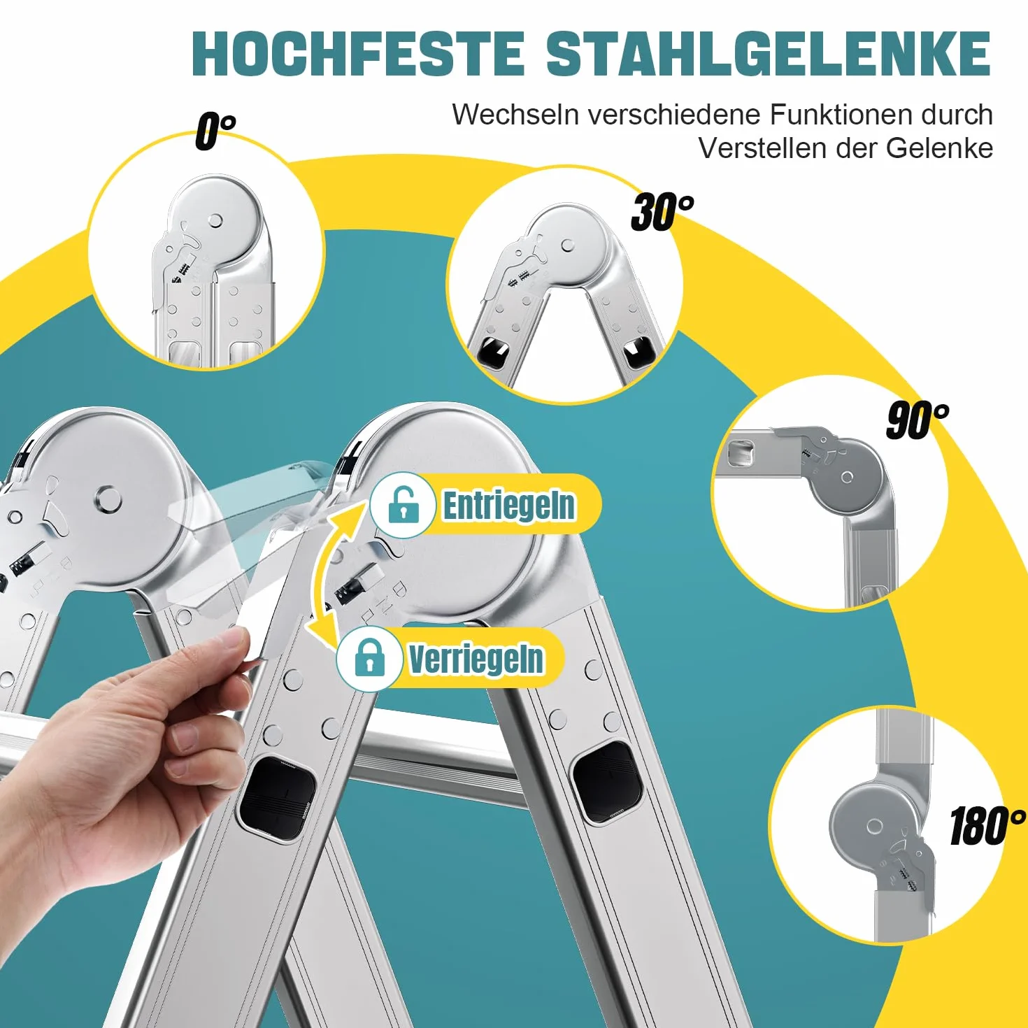 Aluminiowa drabina wielofunkcyjna 3,6 m, 4 x 3 stopnie, drabina wielofunkcyjna z platformą, aluminiowa drabina z 2 płytami rusztowania, składana drabina 16 stopni, drabina do 150 kg, srebrna