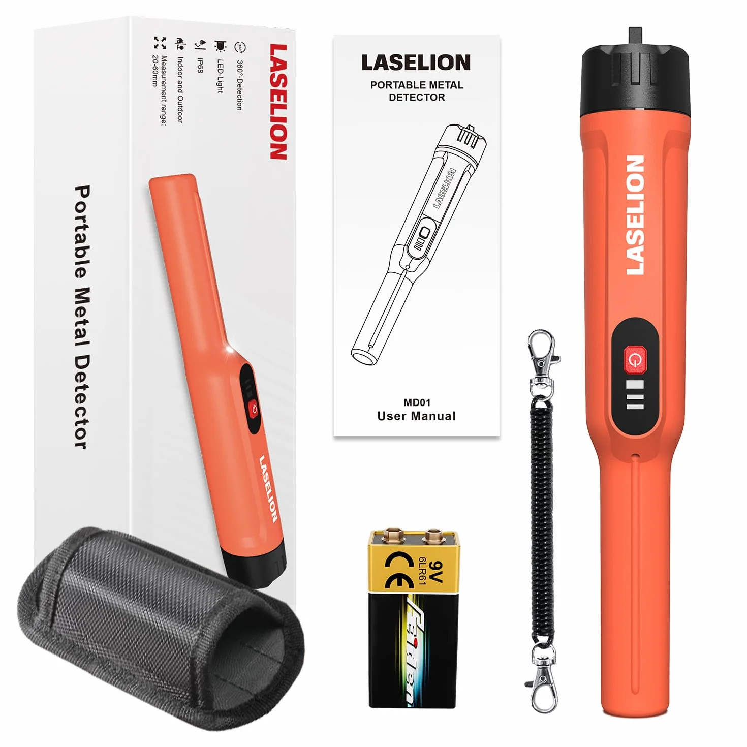 LASELION Pinpointer, profesjonalny wykrywacz metali, IP68, w pełni wodoodporny, wykrywanie 360°, ręczna wskazówka, sonda poszukiwawcza skarbów z baterią 9 V, dla dorosłych, dzieci, pomarańczowa