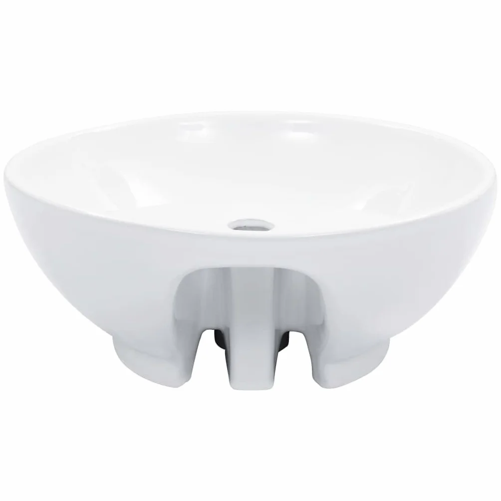 Ceramiczna umywalka nablatowa z przelewem i otworem na kran 46,5 x 18 cm umywalka do łazienki, okrągła, biała, z funkcją odpływu
