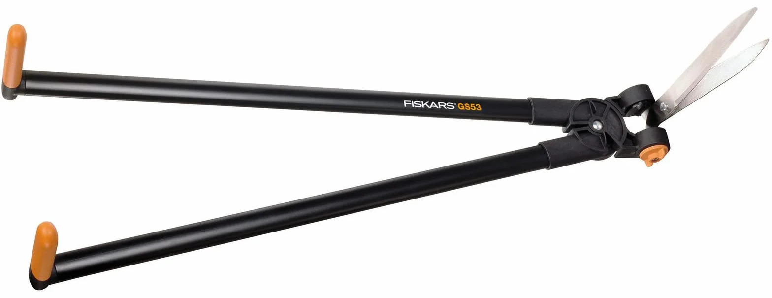Fiskars Dźwigniowe nożyce do żywopłotu i trawy, Zasięg do 2,5 m, Czarno-pomarańczowe, PowerLever, GS53, 1001565