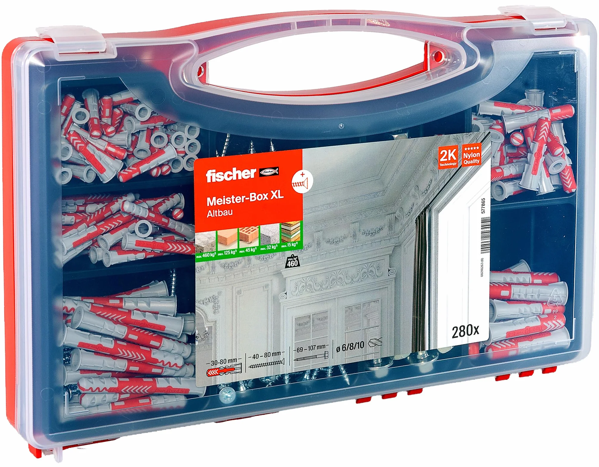 fischer Meister-Box XL stary budynek, 280-częściowy zestaw śrub do kołków, średnica 6-10 mm, długość 30-80 mm, dla majsterkowiczów i profesjonalistów, uniwersalne kołki rozporowe DuoPower, optymalne