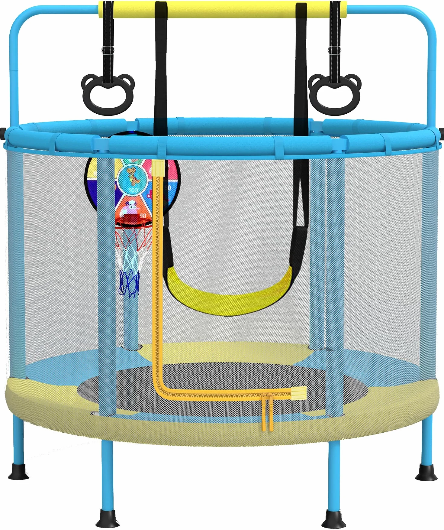 PILIN Trampolina dziecięca, wielofunkcyjna trampolina 4 w 1, zawiera huśtawki, bary, obręcze, obręcze do koszykówki, tarcze do rzutek, nośność 50 kg, do użytku wewnątrz i na zewnątrz