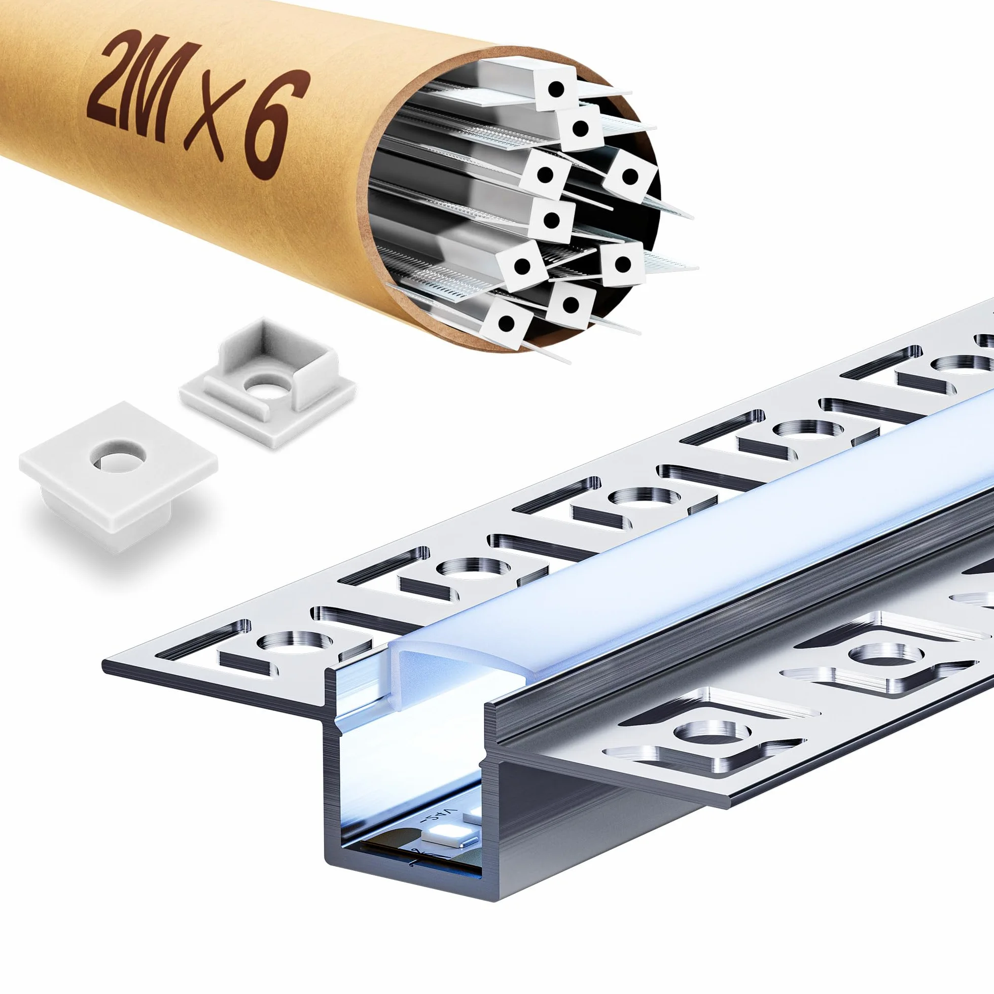 6 x profil LED do suchej zabudowy 2 m, szyna LED 2 m, profil aluminiowy, szyna podtynkowa i dyfuzor natynkowy do oświetlenia pośredniego sufitu