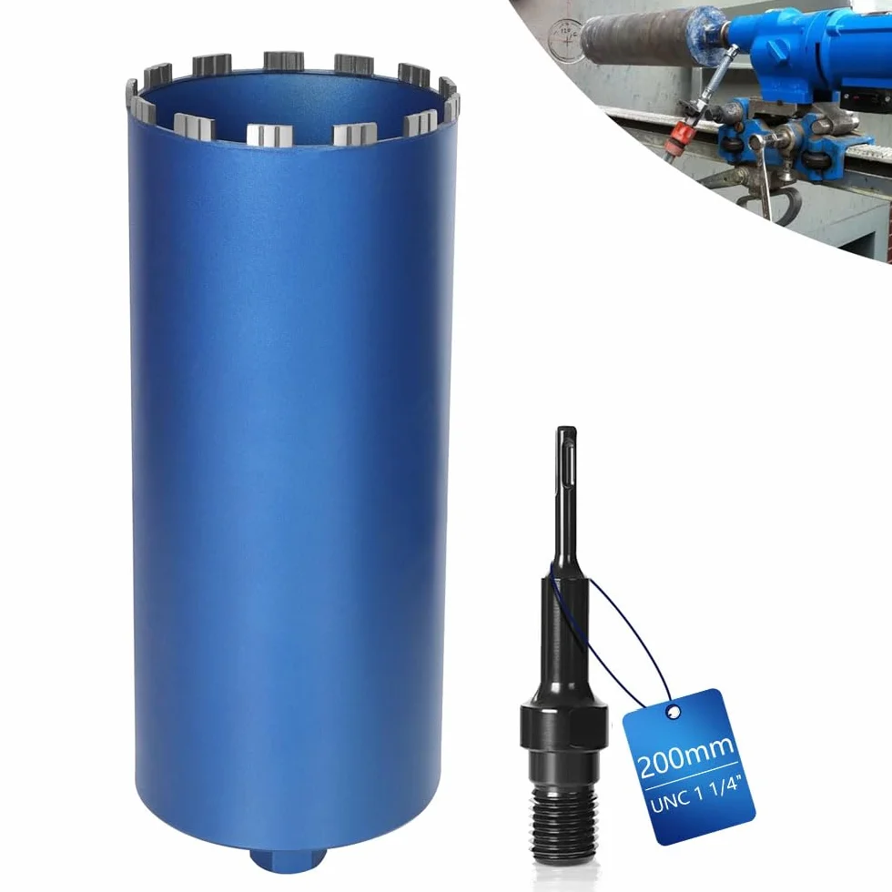 Diamentowa koronka wiertnicza pogłębiacz puszek do wiertarek rdzeniowych w zestawie 10 mm Turbo, L 460 mm | Ø 200 mm | adapter SDS-PLUS | 1 ¼ cala UNC | Wiertło rdzeniowe na mokro i sucho wiertło