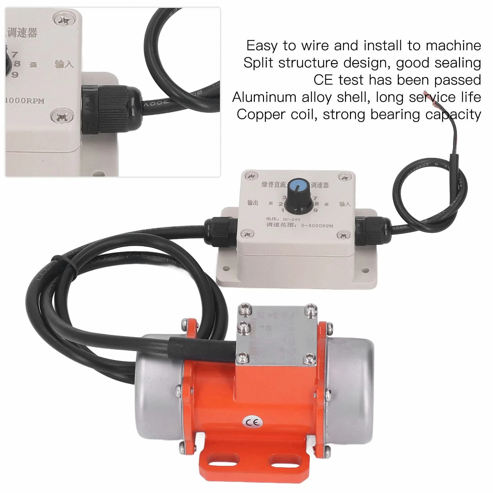 Wibrator Do Betonu, 30W 4000 obr./min, Bezszczotkowy Silnik Wibracyjny DC24V, z Regulatorem Prędkości, IP65, Stop Aluminium