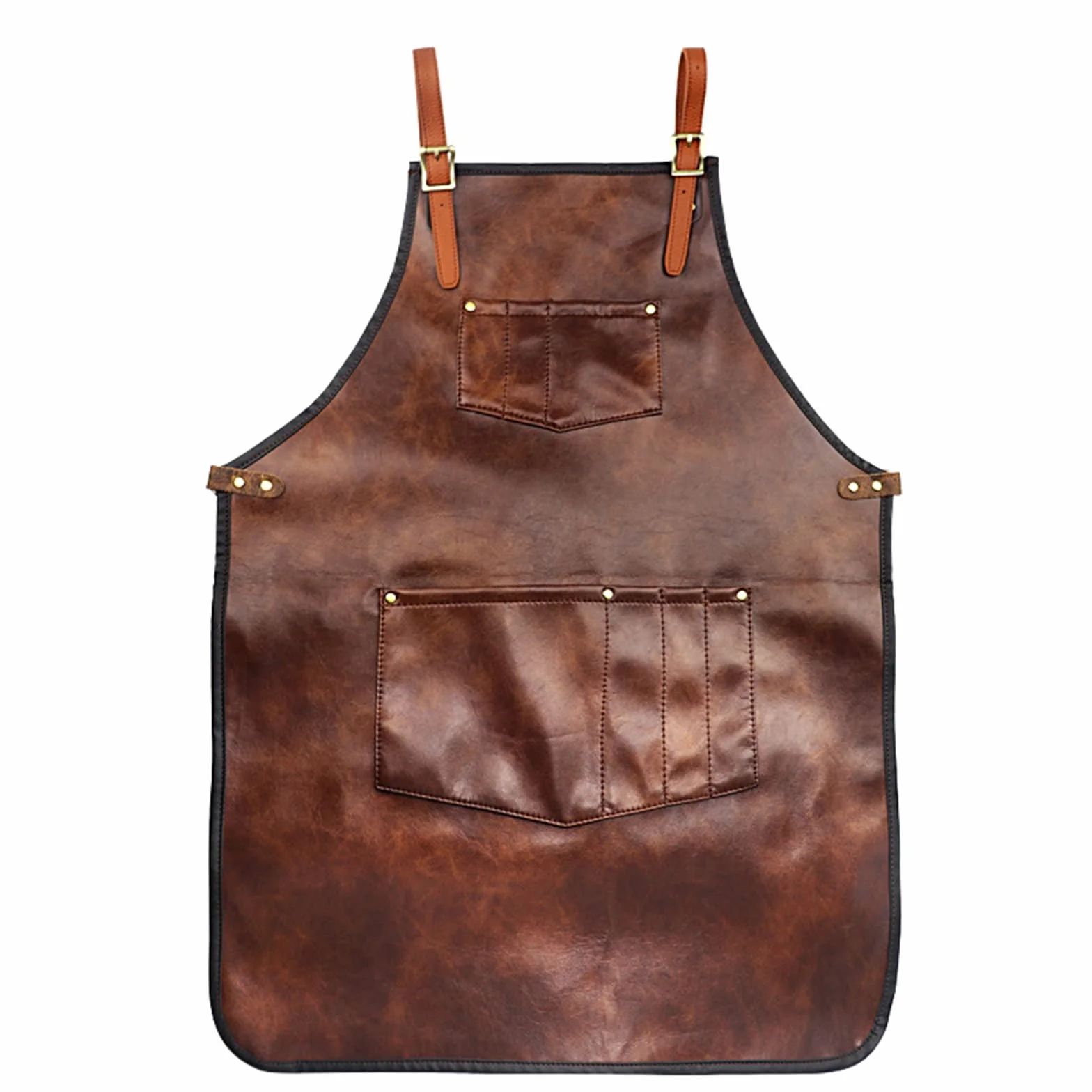 Szef Kuchni Fartuch Dla Mężczyzn i Kobiet - Wodoodporny PU Skórzany z Kieszeniami, Cross-Back Paski Do Kuchni, BBQ, Fryzjer, Barman, Handworking - Brązowy, B