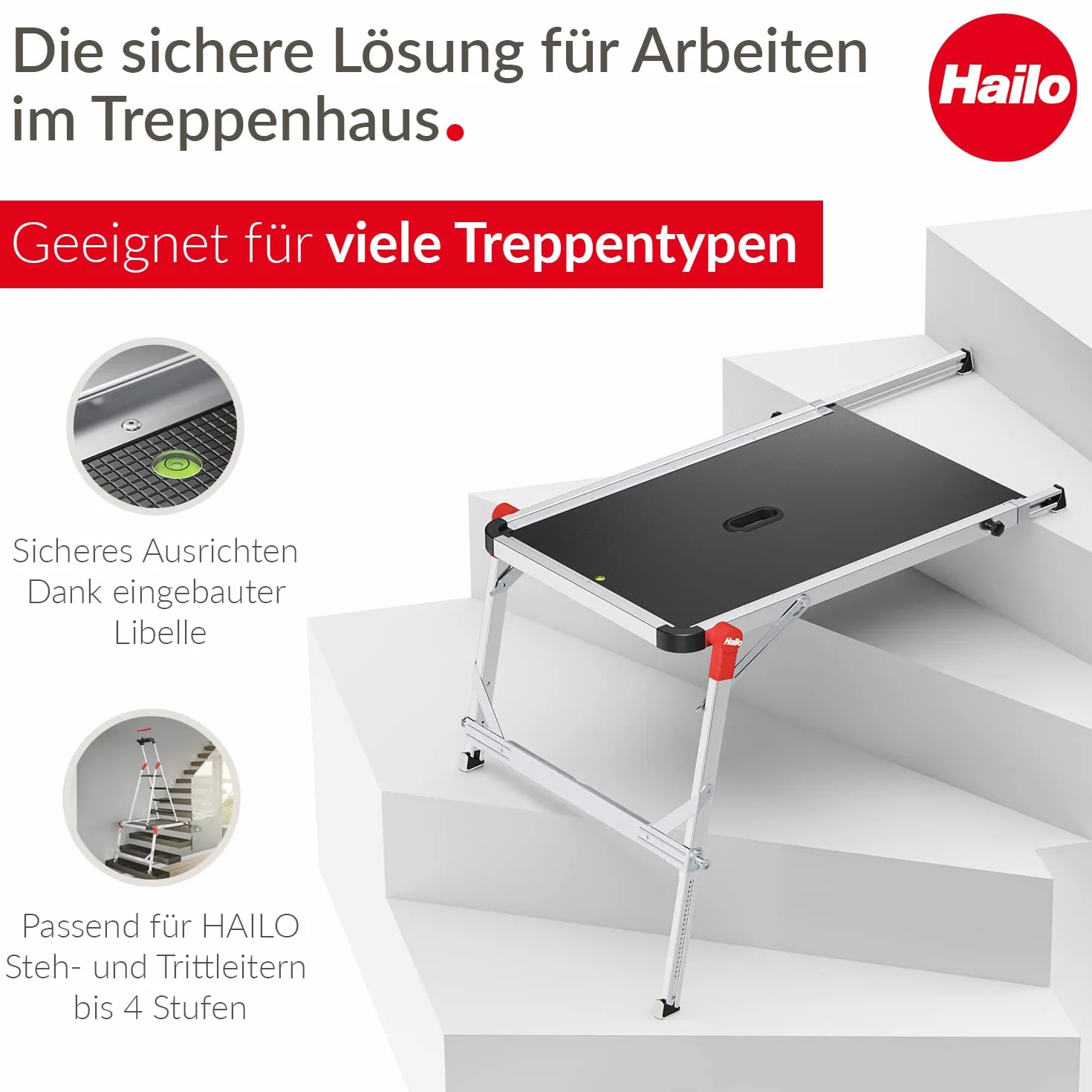 Hailo TP2 Pro platforma robocza do drabin Hailo do 4 stopni, stabilna rama aluminiowa, nośność do 150 kg, waga 9 kg, srebrna