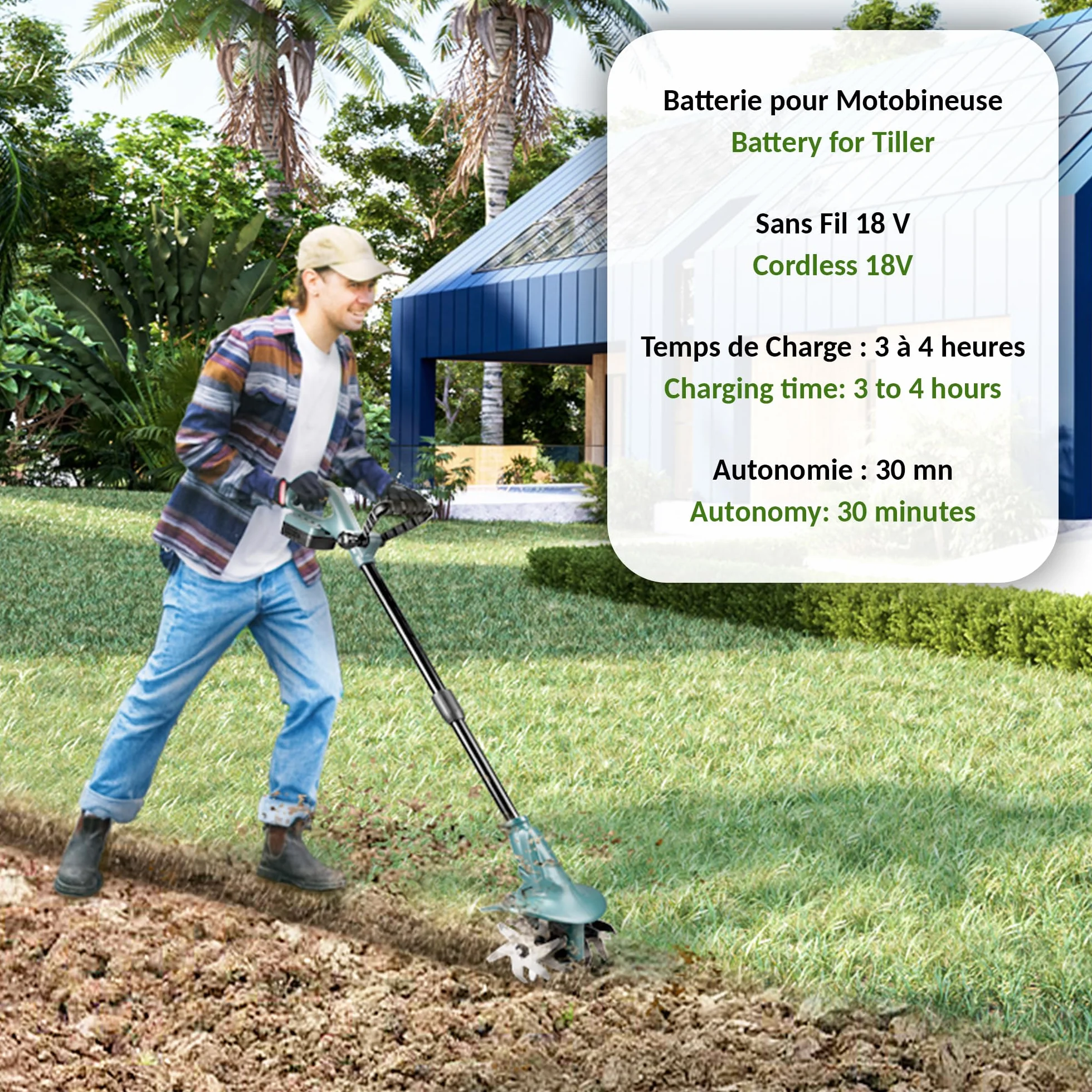 FISHTEC Bezprzewodowa glebogryzarka silnikowa z akumulatorem litowym 18 V – szerokość robocza: 20 cm – głębokość robocza: 8 cm – 4 frezy – ergonomiczny podwójny uchwyt – bateria i stacja ładująca w