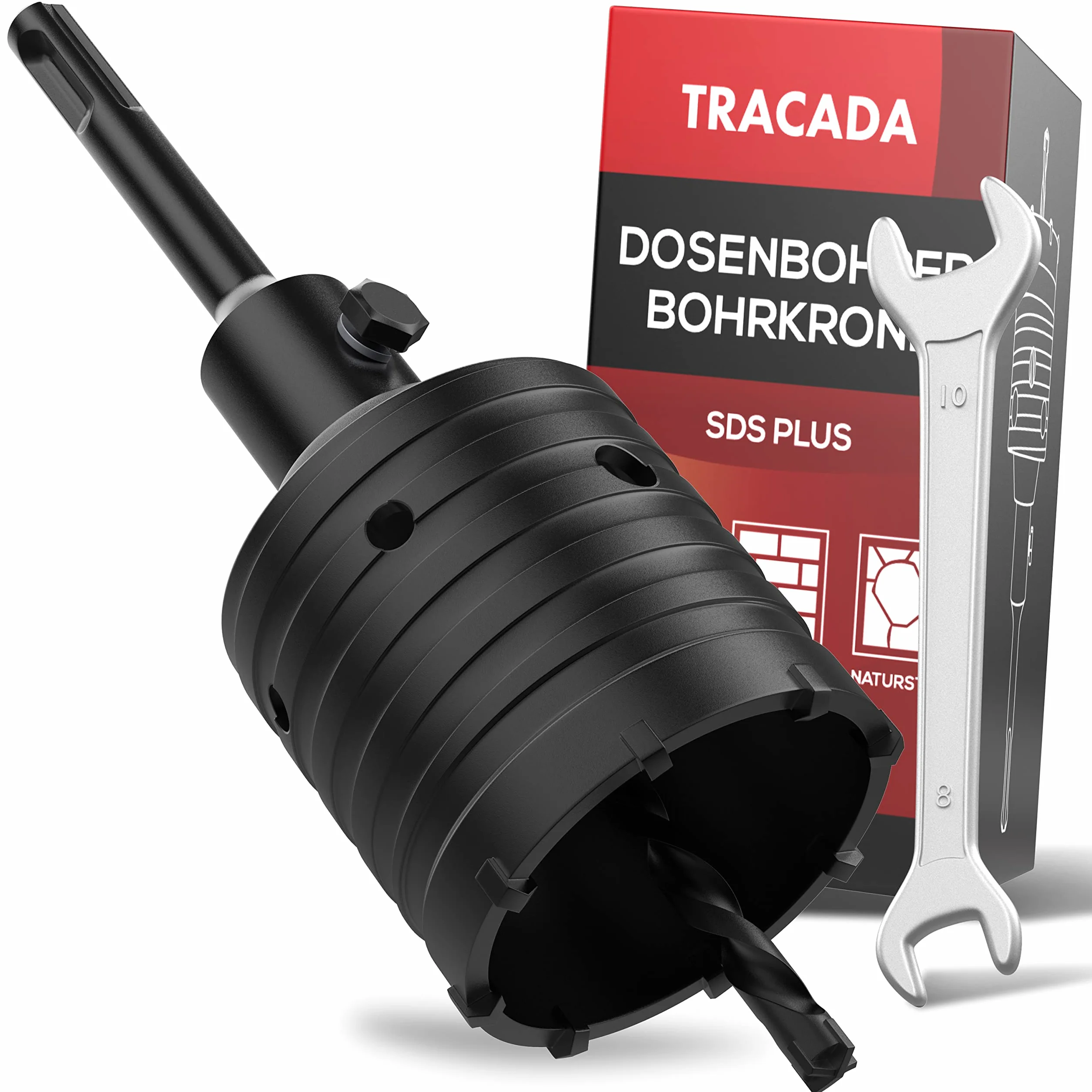 Korona wiertnicza 68 mm SDS Plus | z zabezpieczeniem śrub i kluczem płaskim, wiertło do puszek 68 mm, wiertło do gniazdka, beton porowaty, cegła