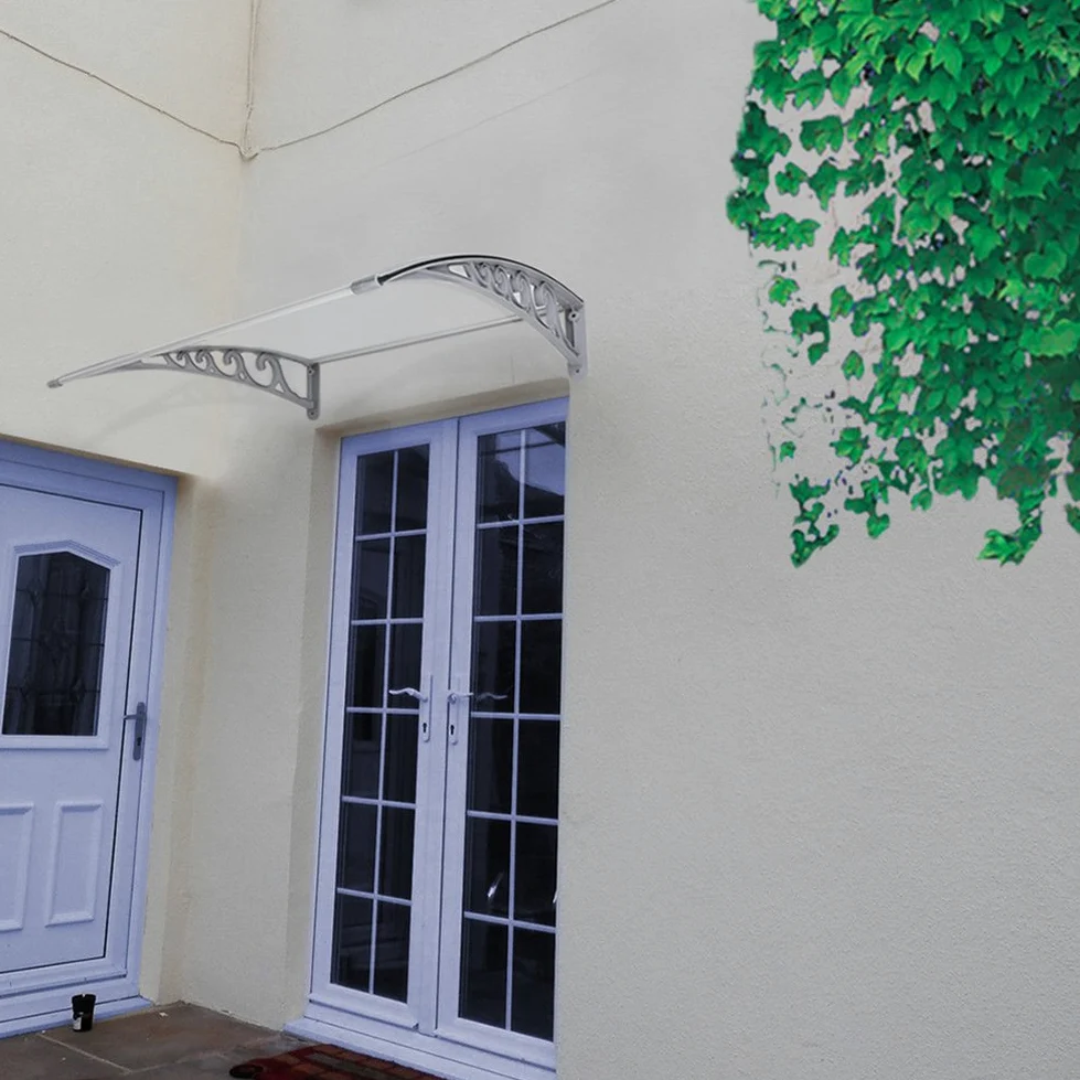 Zadaszenie do drzwi wejściowych, aluminium i poliwęglanu, ochrona przed promieniowaniem UV, dach jednospadowy do garażu, na balkon, okna, domu (100 x 150 cm, biały)