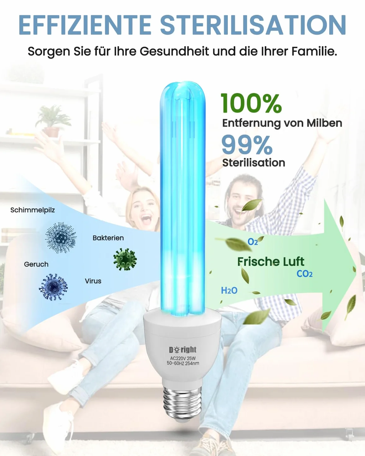 DoRight Lampa UV Ozon E27 25 W bakteriobójcza lampa UVC 254 nm z rurką kwarcową, oson ozon przeciw bakteriom wirusom i roztoczom AC220-240V do domów, biur, restauracji i szkół (1 sztuka)
