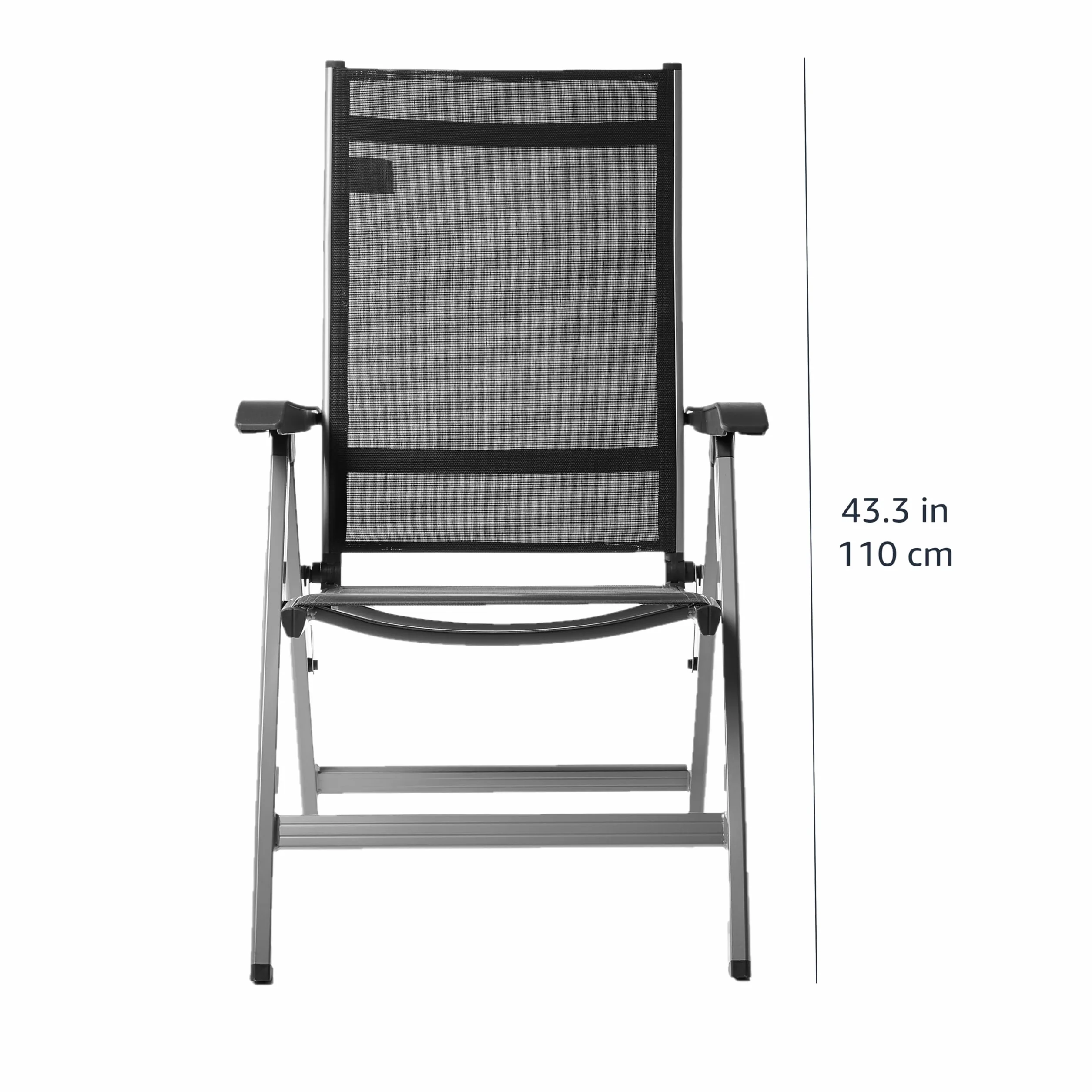 Amazon Basics Składane krzesło ogrodowe z wysokim oparciem, regulowane w 5 pozycjach, z podłokietnikami, na patio i na kemping, 69 x 60,5 x 110 cm (głęb. x szer. x wys.), szare, zestaw 2 sztuk