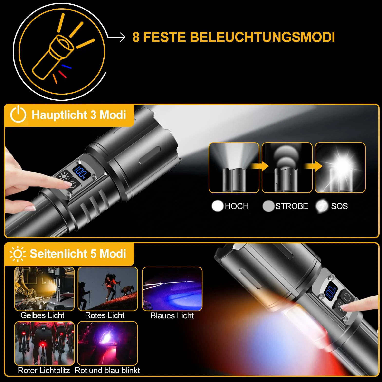 Akumulatorowa Latarka LED, 1000000 Lumenów, Niezwykle Jasna, 9 Trybów, z bocznym światłem COB, z płynną regulacją jasności, z ekranem LCD, do biwakowania, Sytuacje Awaryjne