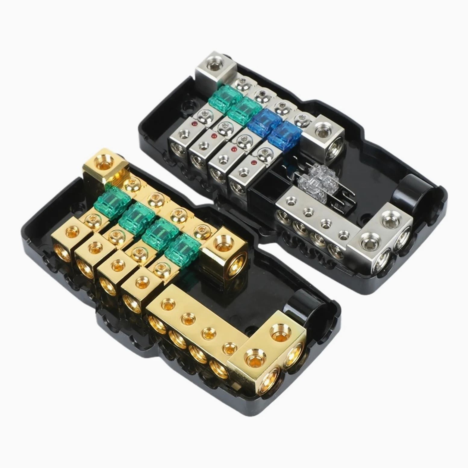 24V 12V 30A 60A bezpiecznik Blade Box rozdzielacz blokowy dystrybucja prądu stałego wskaźnik LED akcesoria do odtwarzacza samochodowego Stereo uchwyt bezpieczników(Gold)