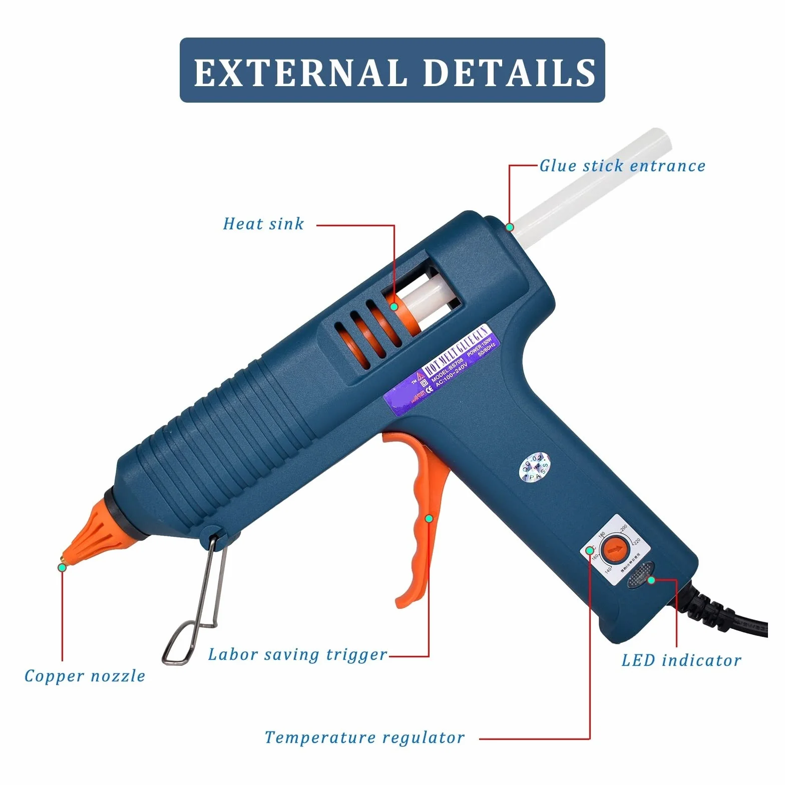 Pistolet na gorący klej, Zestaw narzędzi do pistoletu do klejenia na gorąco 150 W regulacja temperatury pistolet silikonowy do domu DIY, prezenty świąteczne, rzemiosło użyj 11mm kleje w sztyfcie dysza