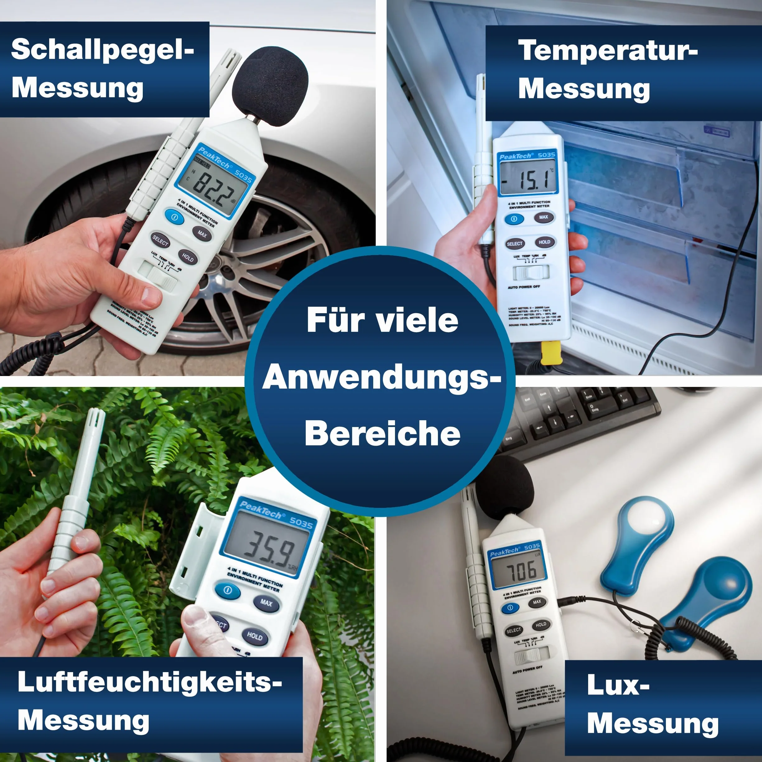 PeakTech P 5035 - Wielofunkcyjny Miernik środowiska ~ z temperaturą, wilgotnością, luksami, poziomem dźwięku