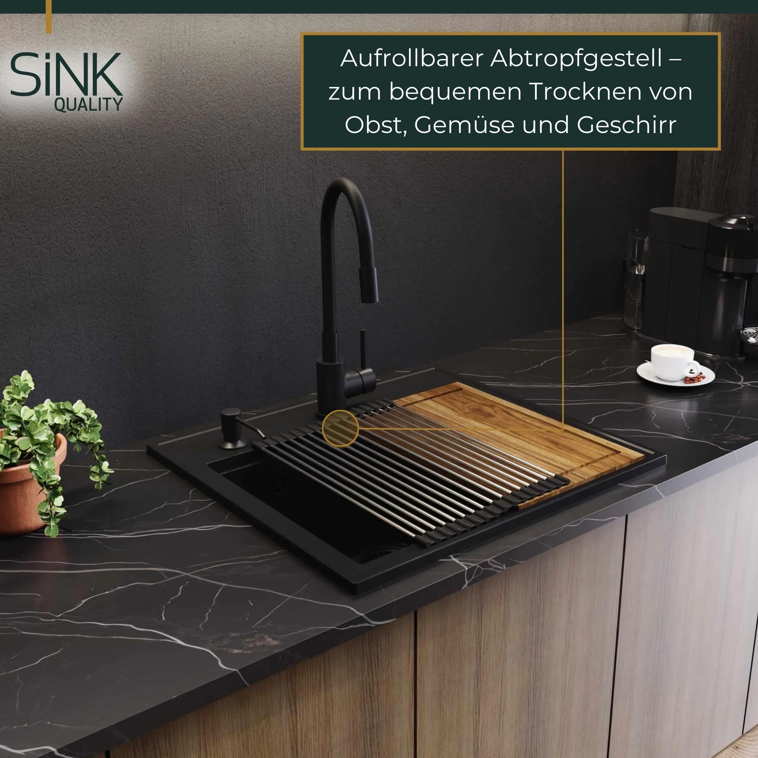 SINK Quality zlewozmywak biały granit 56 x 51 cm – nowoczesny zlewozmywak kuchenny z deską do krojenia, syfon, złoty, ociekacz, środek impregnujący, zlewozmywak do zabudowy, umywalka pojedyncza do