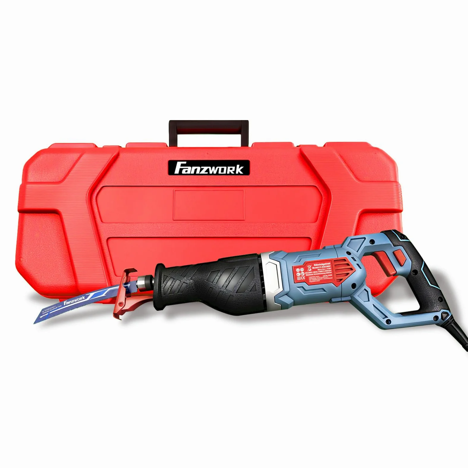 FANZWORK elektryczna piła szablasta 1100 W, 0-2500 spm, LED, w zestawie brzeszczot z kablem 4 m, do drewna, metalu i tworzyw sztucznych, bez użycia narzędzi