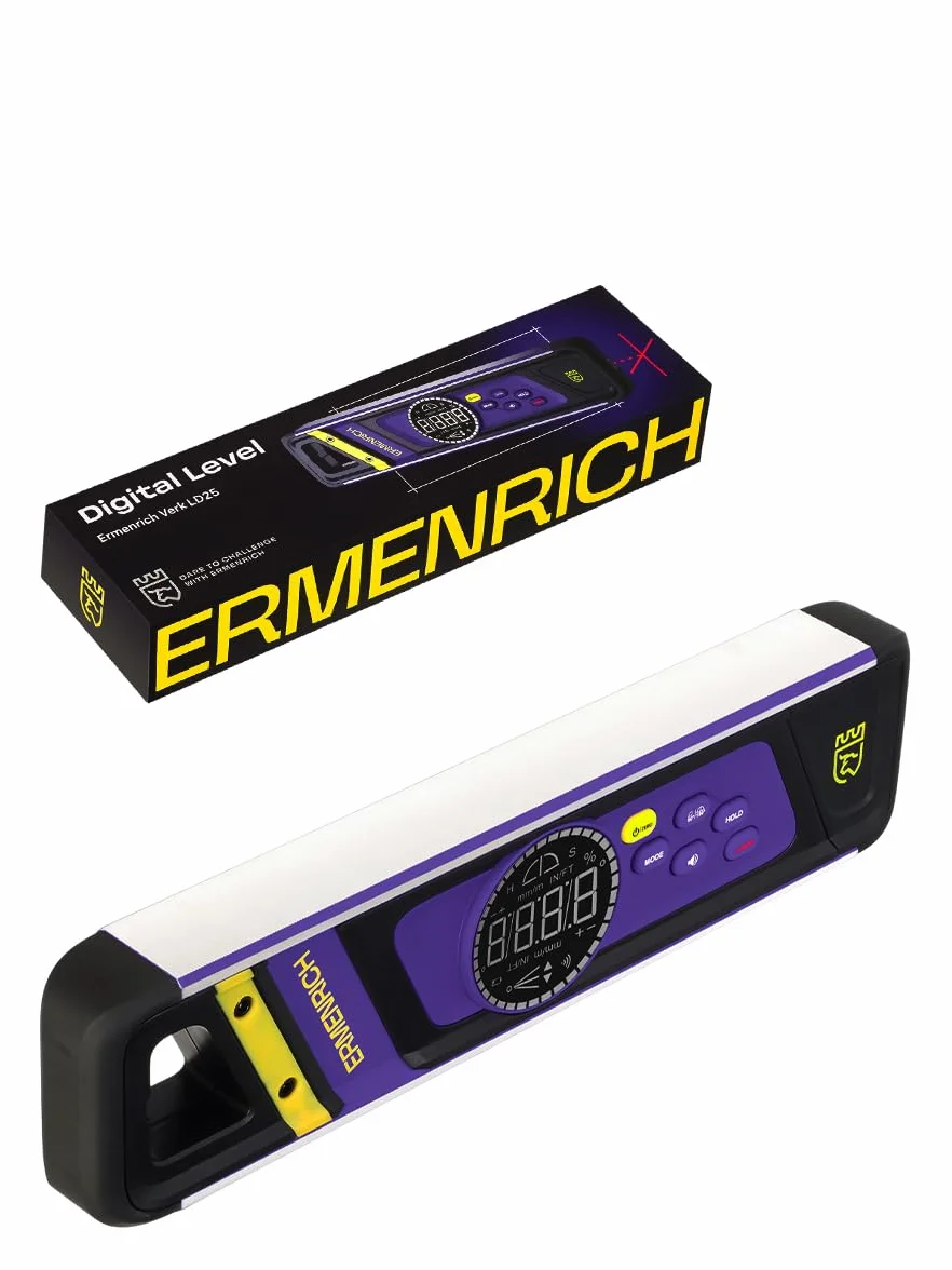 Verk LD25 Cyfrowy Kątomierz Poziomica Laserowa Magnetyczna | Zakres 0–360°, Czujnik Nachylenia z 2 Liniami Lasera, LCD, IP54 Wodoodporny, 2 Baterie, Drewno, Budowa