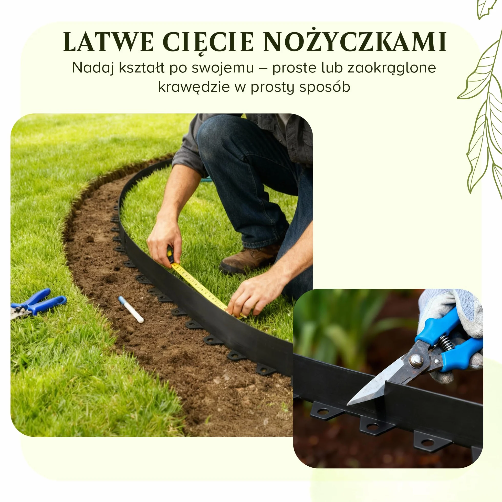 Elastyczne obrzeże trawnika 10 m 40 kotw gruntowych wysokość 4 cm czarne tworzywo sztuczne odporne na warunki atmosferyczne