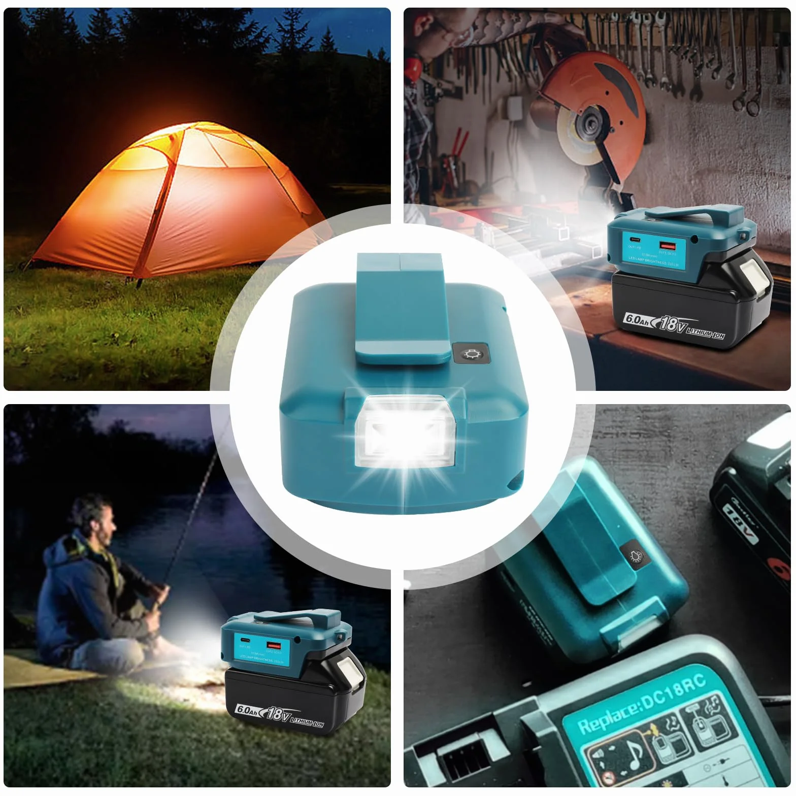 QUPERR- Adp05 Power Source Adapter do baterii roboczych do Makita 14,4 V i 18 V z parą interfejsu ładowania telefonu USB, z bezprzewodową latarką z portem DC（Adapter tylko）