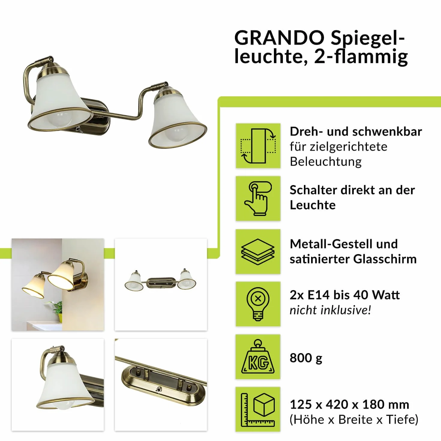 Lampa ścienna łazienkowa regulowana z przełącznikiem, oświetlenie lustra, secesyjne, obrotowe, brąz, niskie odblaski, szkło, 2 żarówki, E14, W:42 cm, kinkiet lustro