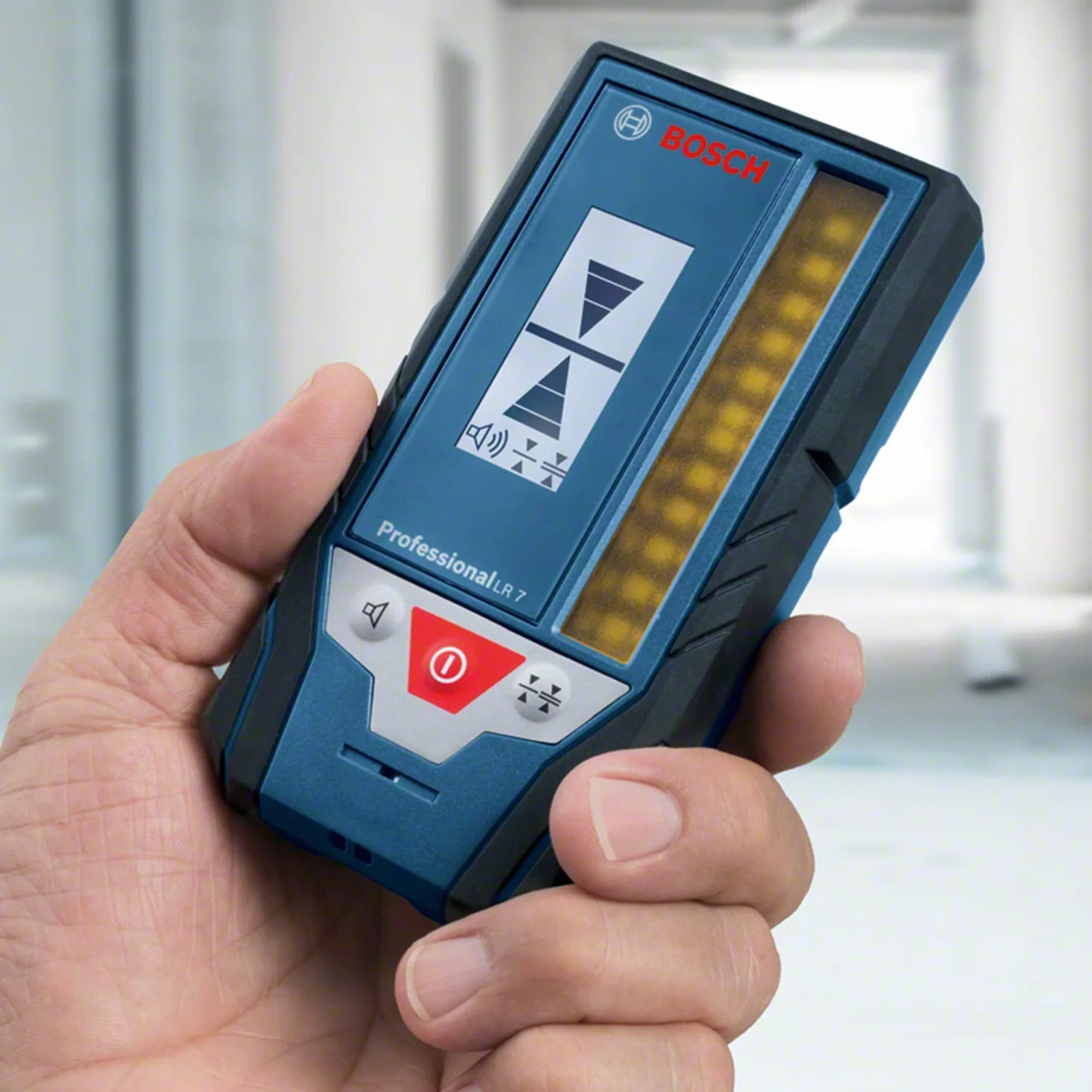 Bosch Professional Odbiornik laserowy LR 7 (czerwona i zielona wiązka, 2 baterie 1,5 V AAA, zakres pracy: 5–50 m, pokrowiec)