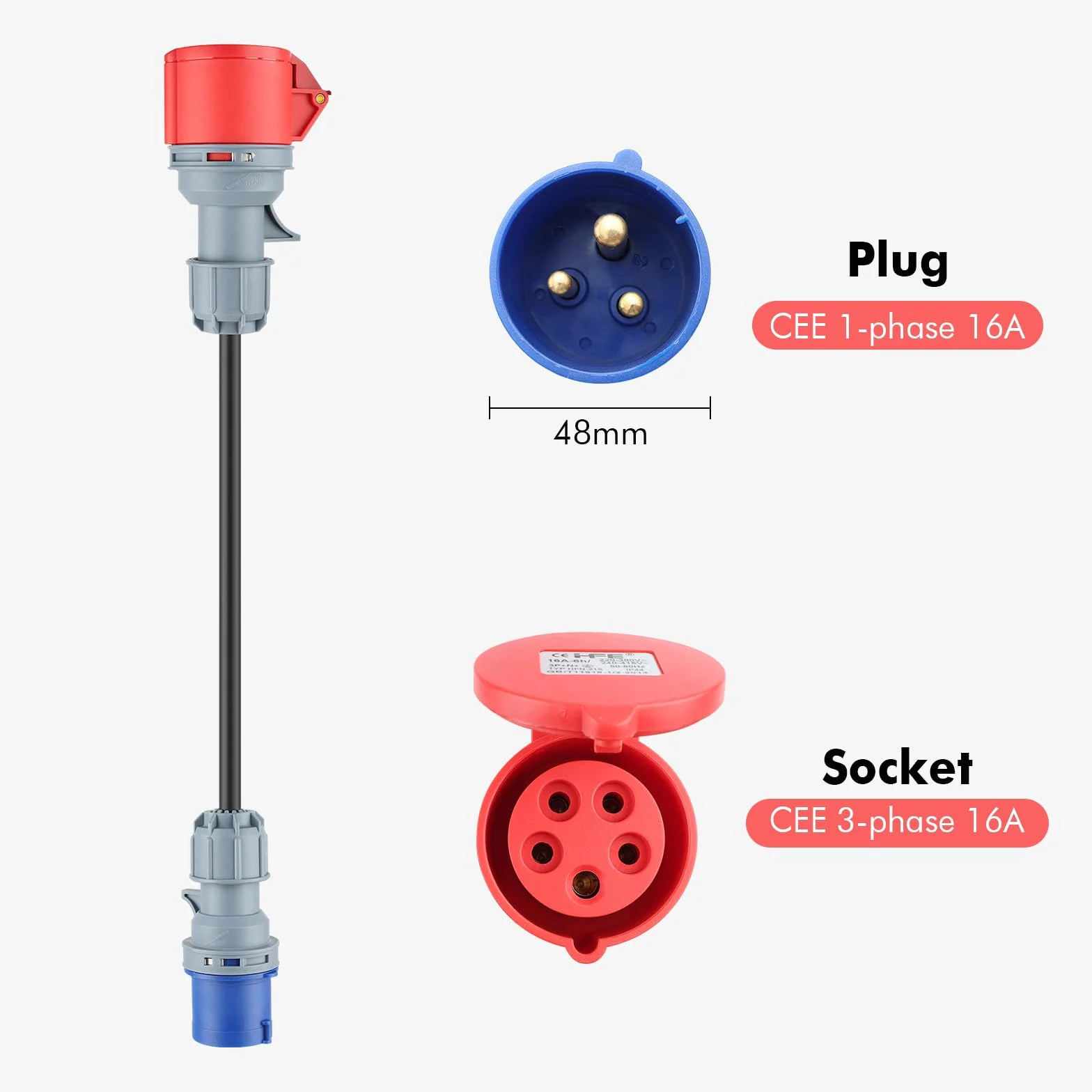 3 x CEE adapter wtyczka Schuko, zestaw adapterów CEE 16A 5-biegunowy do CEE czerwony 32 A/CEE niebieski 16 A/230 V gniazdo gospodarstwa domowego, 3 x 2,5 mm² H07RN-F 16 A adapter sieciowy wtyczka