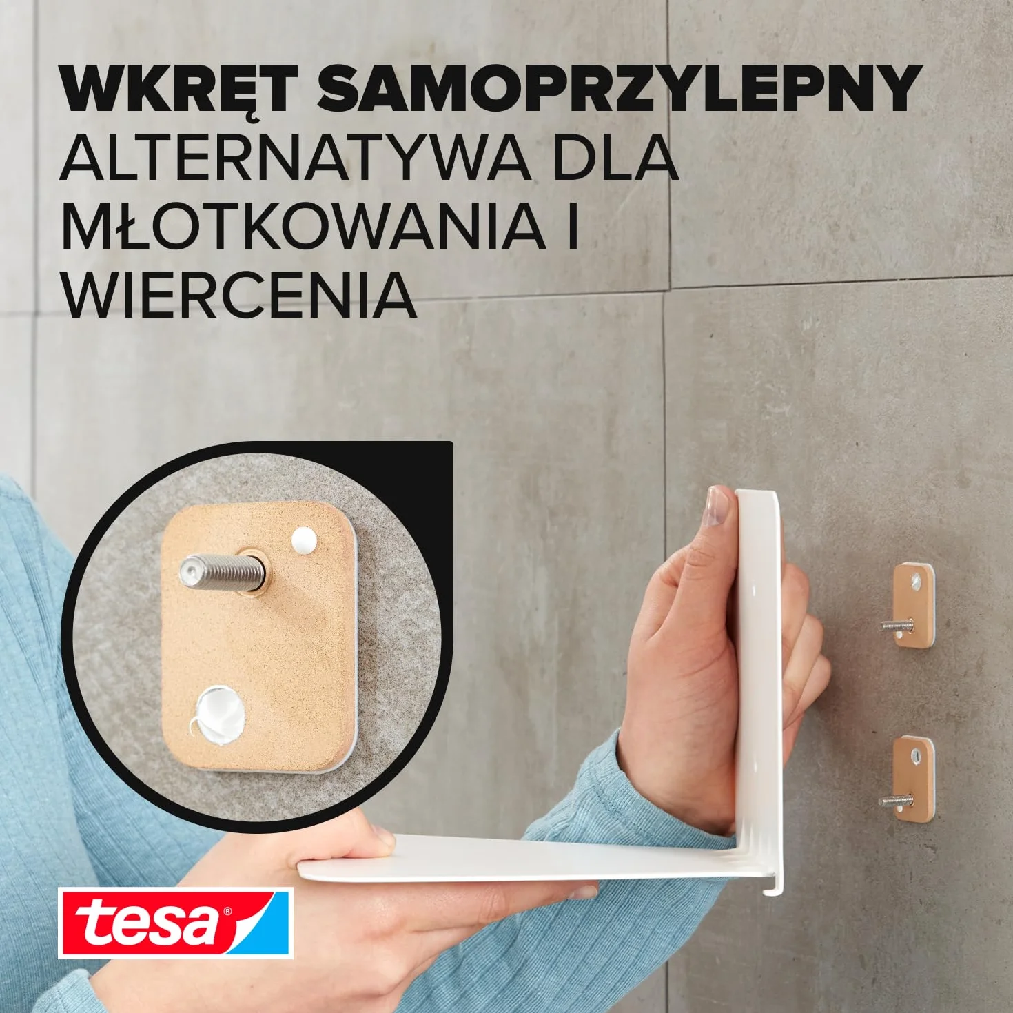 tesa Śruba klejąca do muru i kamienia, moc trzymania 5 kg, czworokątna, 2 sztuki