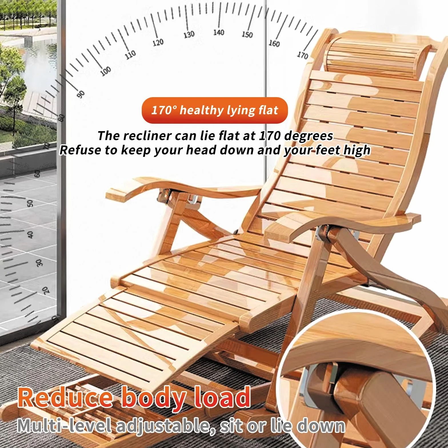 Fotel bujany dla osób starszych 220 kg bambusowy ergonomiczny składany