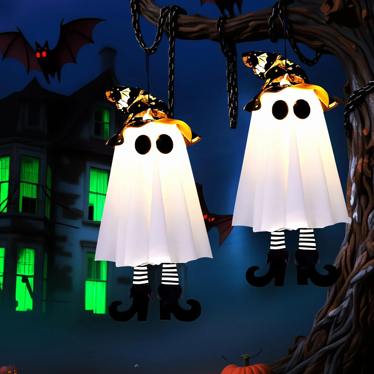 ZoneYan Zestaw 2 duchów Halloween wiszące dekoracje biały czarny