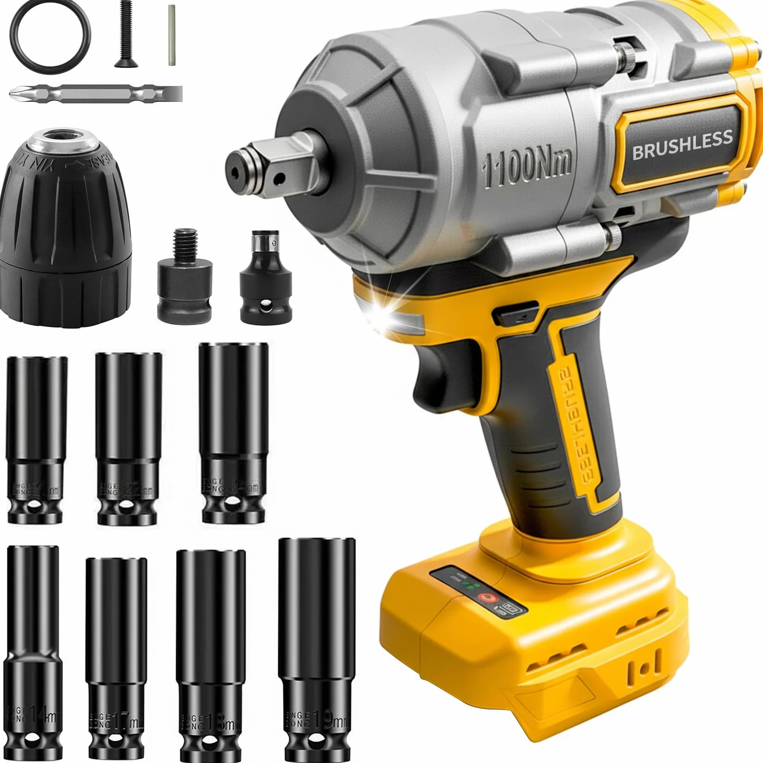 Akumulatorowa wkrętarka udarowa 1100 Nm kompatybilna z DeWalt 18 V/20 V – 1/2" bezszczotkowy klucz płaski z 7 kluczami nasadowymi do naprawy samochodów, wymiany opon i prac budowlanych (bez