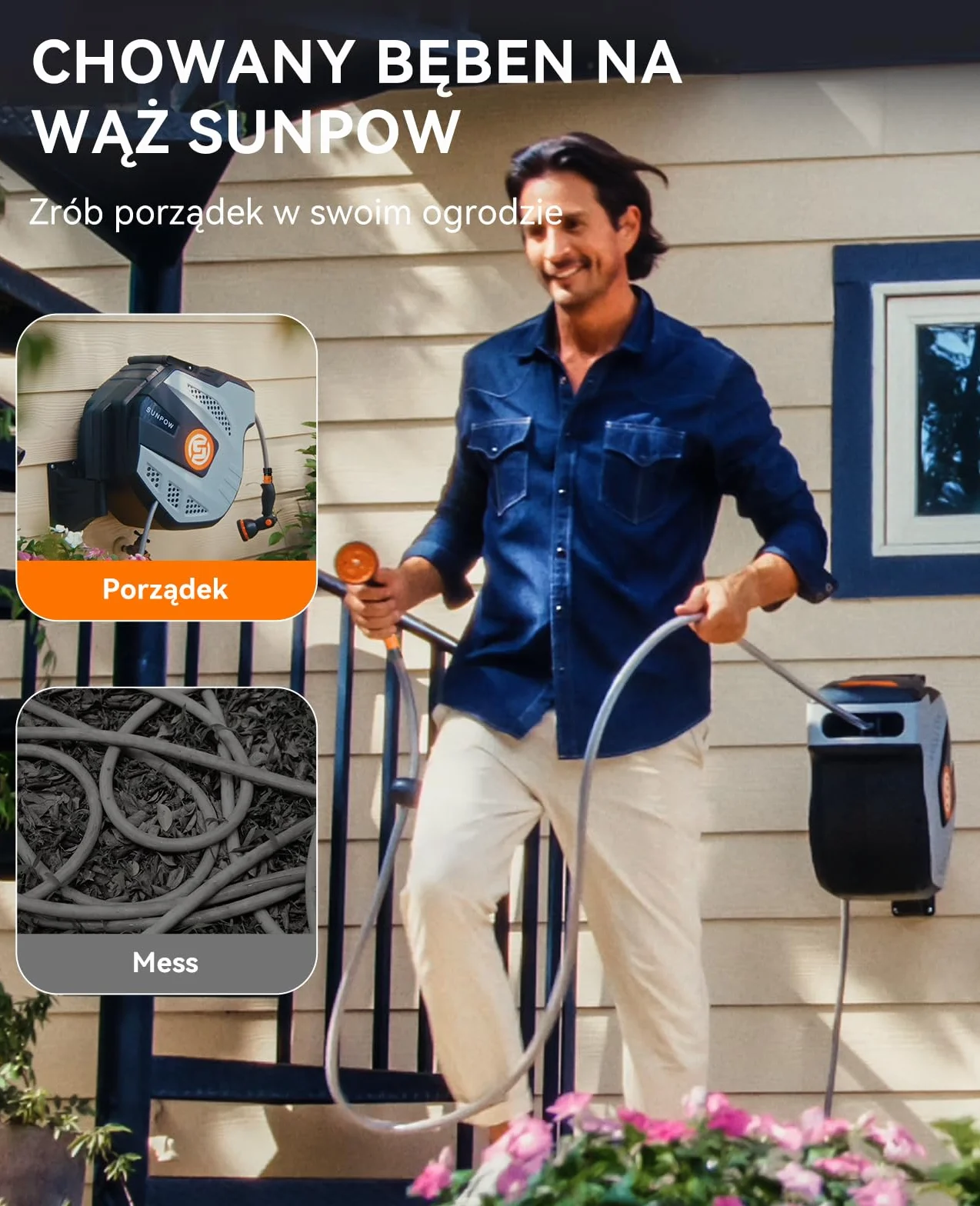 SUNPOW Bęben na wąż ścienny RollUp 35 m – automatyczny zwijacz węża ogrodowego z 10-funkcyjną dyszą, montaż na ścianie, obrót 180°, system samowijania i blokada – szary