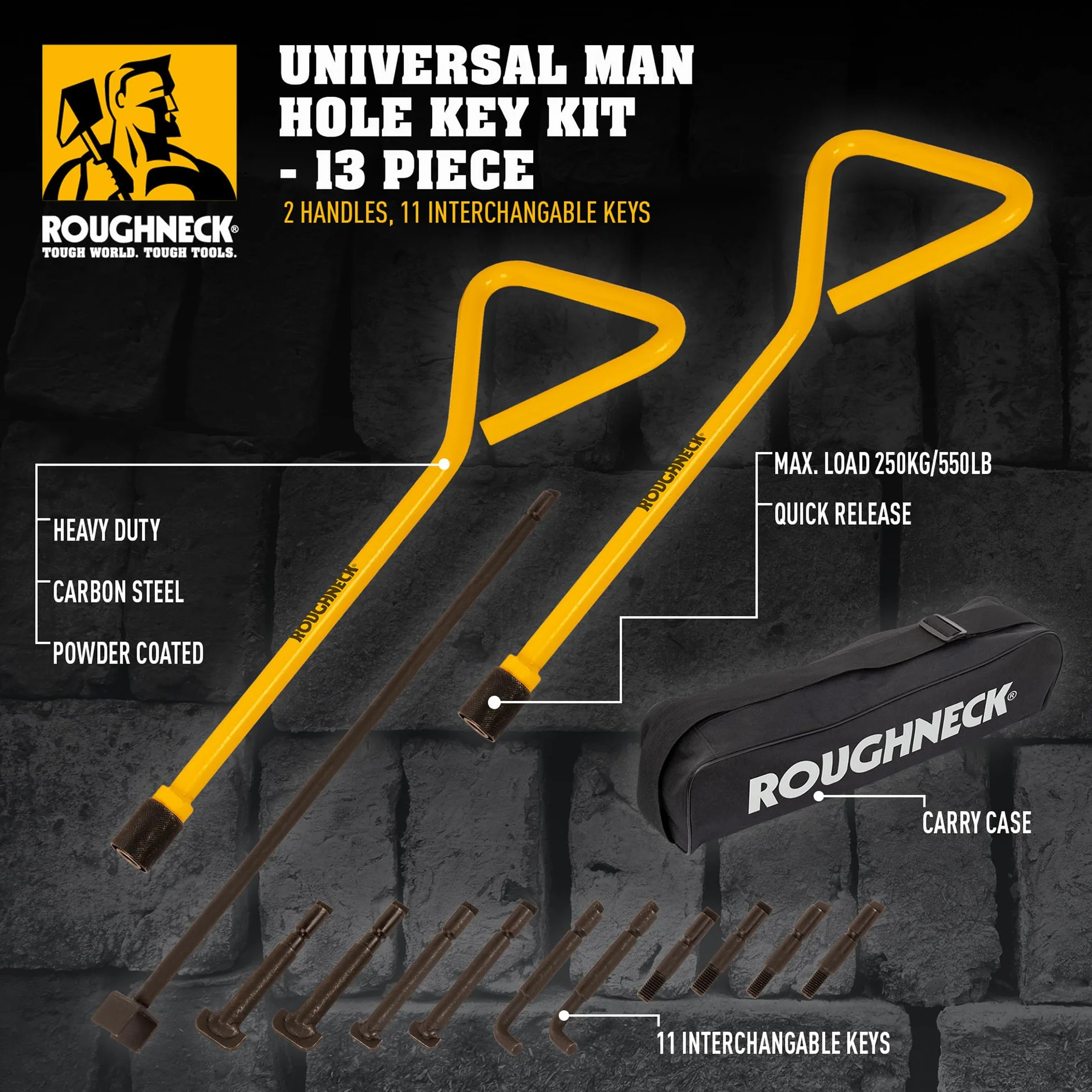 Roughneck® Lot de 13 clés universelles pour trou d'homme : 2 poignées, 11 clés (6 types) et étui de transport