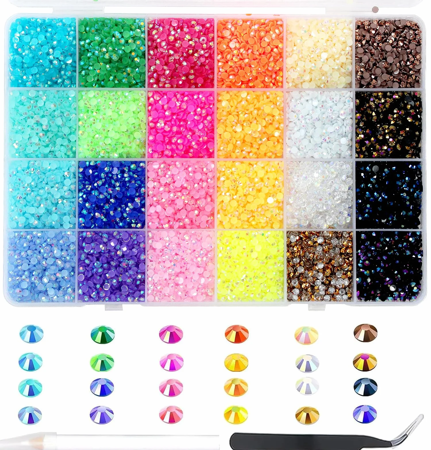 24000 sztuk kamieni strasu do paznokci, BetterJonny Hitzfix kamienie stras do majsterkowania, 3 mm, kamienie stras, płaskie plecy, okrągłe kamienie szlachetne, pęseta i pisak do kropkowania, do