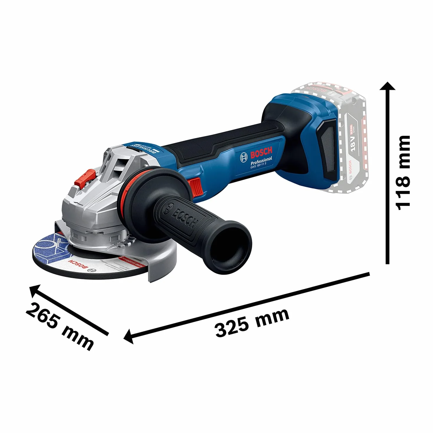 Bosch Professional 18 V firmy Bosch: akumulatorowa szlifierka kątowa GWS 18V-11 S (Ø tarczy 125 mm, 2x GBA 5.0Ah, ładowarka GAL 1880, walizka L-BOXX)