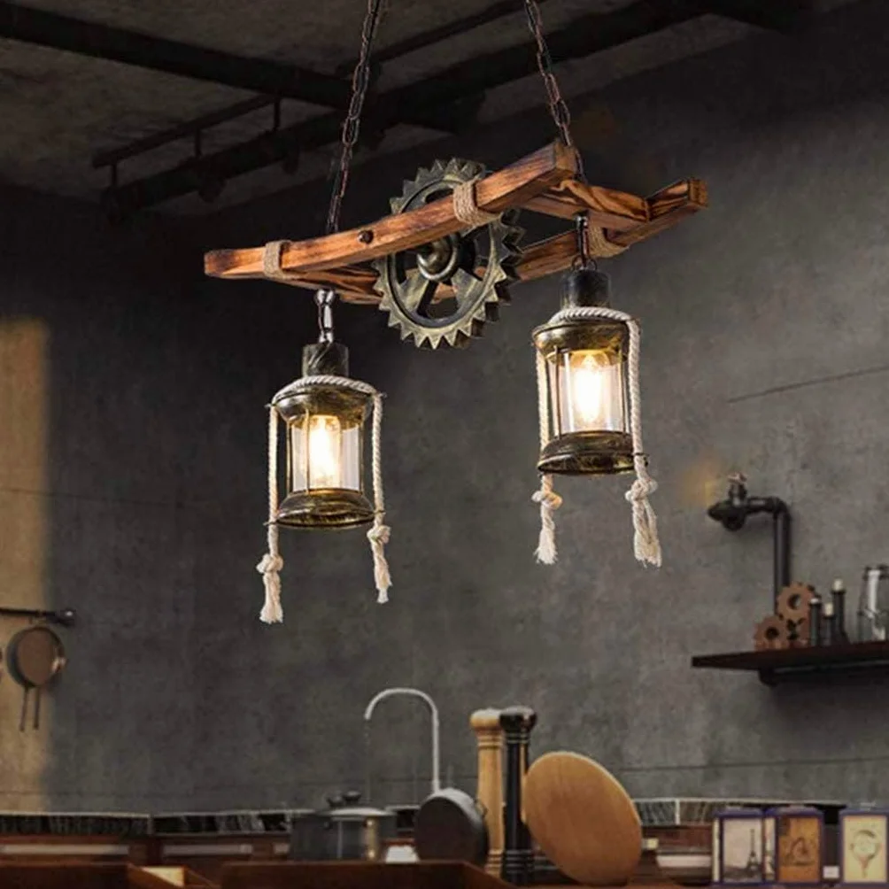 Rustykalna drewniana lampa wisząca w stylu vintage, dębowa lampa wisząca do jadalni, żyrandol industrialny, lampa sufitowa, lampa przemysłowa, styl dworkowy, do baru