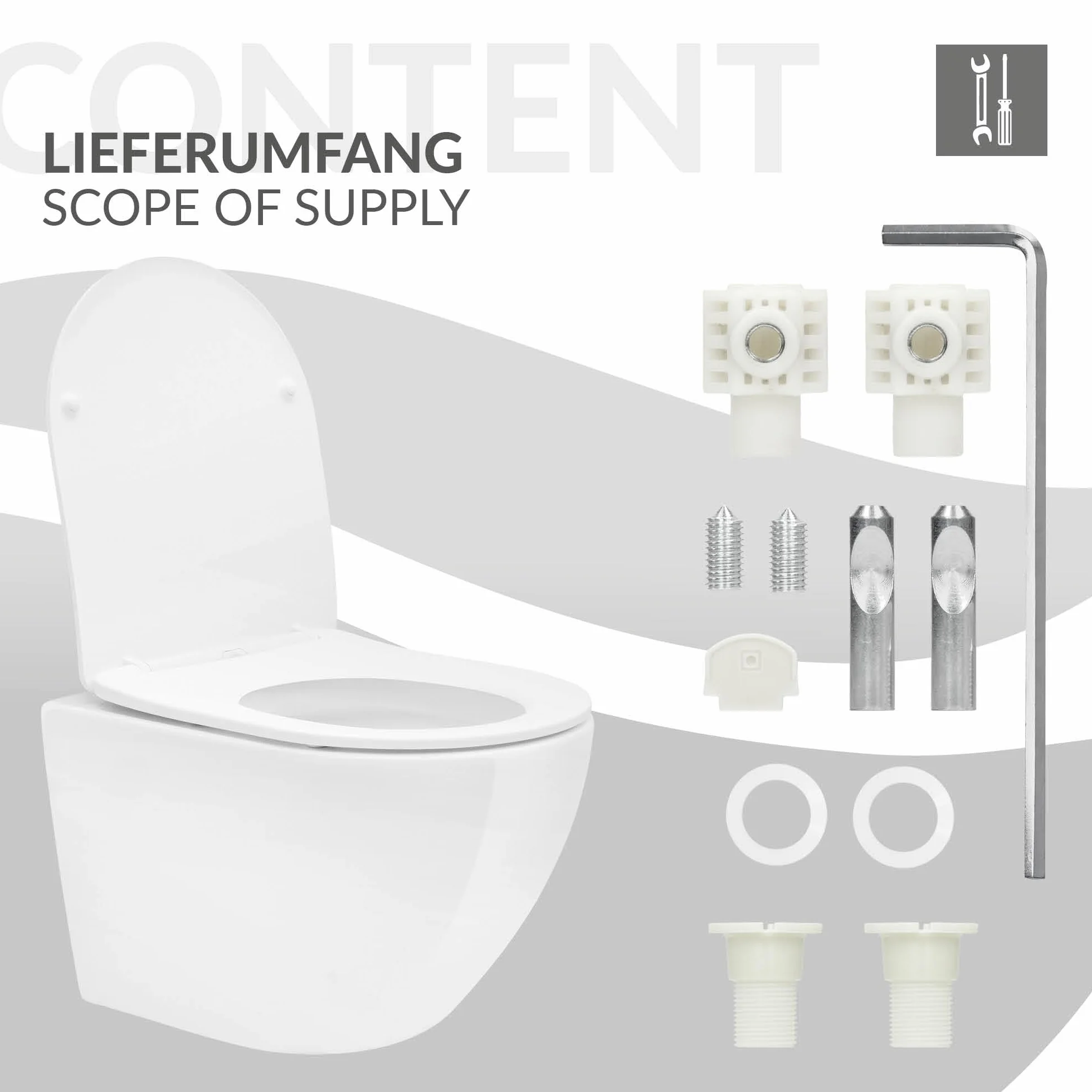 LuxeBath Rimless Toaleta wiszaca kompaktowa 49cm z powloka nano w odcieniu blyszczacej bieli ceramiczna miska z powloka antybakteryjna zdejmowana deska z duroplastu z funkcja samoczynnego opuszczania