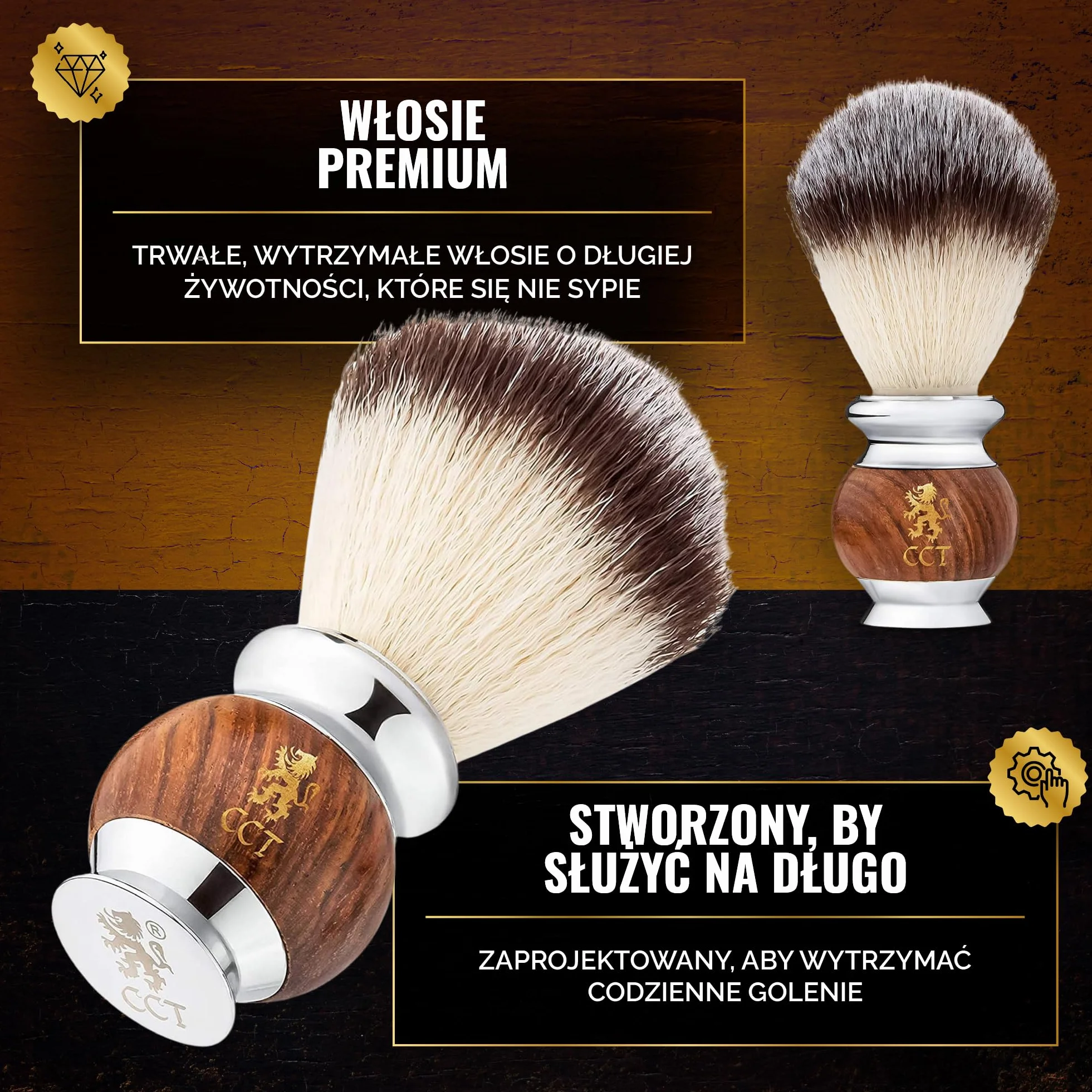 Luksusowy pędzel do golenia The Cambridge Cutthroat® z drewna Missanda i stali nierdzewnej dla mężczyzn, syntetycznym włosiem Silvertip, przyjaznym weganom, imitującym włosie borsuka