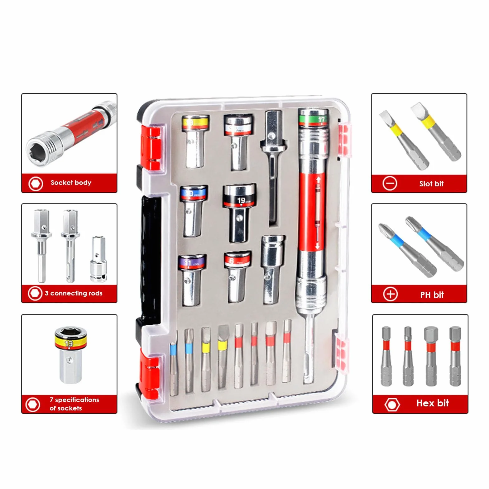 Generic Zestaw Przedłużaczy do Końcówek Nasadowych Solidny Wkrętak Nasadowy ze Stali Stopowej do Montażu w Szafce, Wymienny System wierteł, 7 Nasadek 8 Mm–19 Mm, Odpowiedni dla Wykwalifikowanych