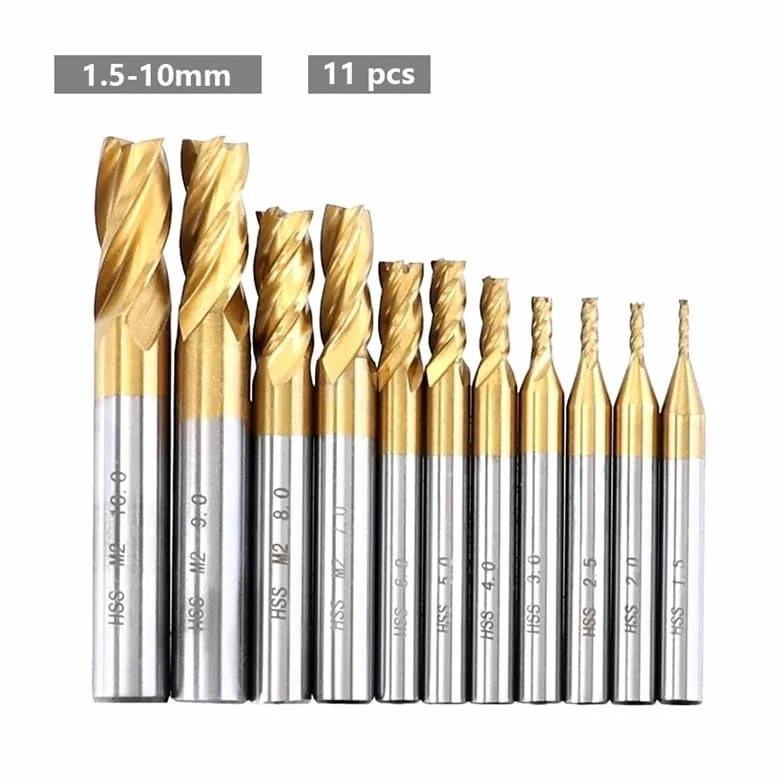 7 sztuk/11 sztuk 1,5-10 mm Frez trzpieniowy 4 ostrza powlekany tytanem szybkotnąca stal CNC Frez do drewna, metalu, stali(1.5-10mm(11pcs))