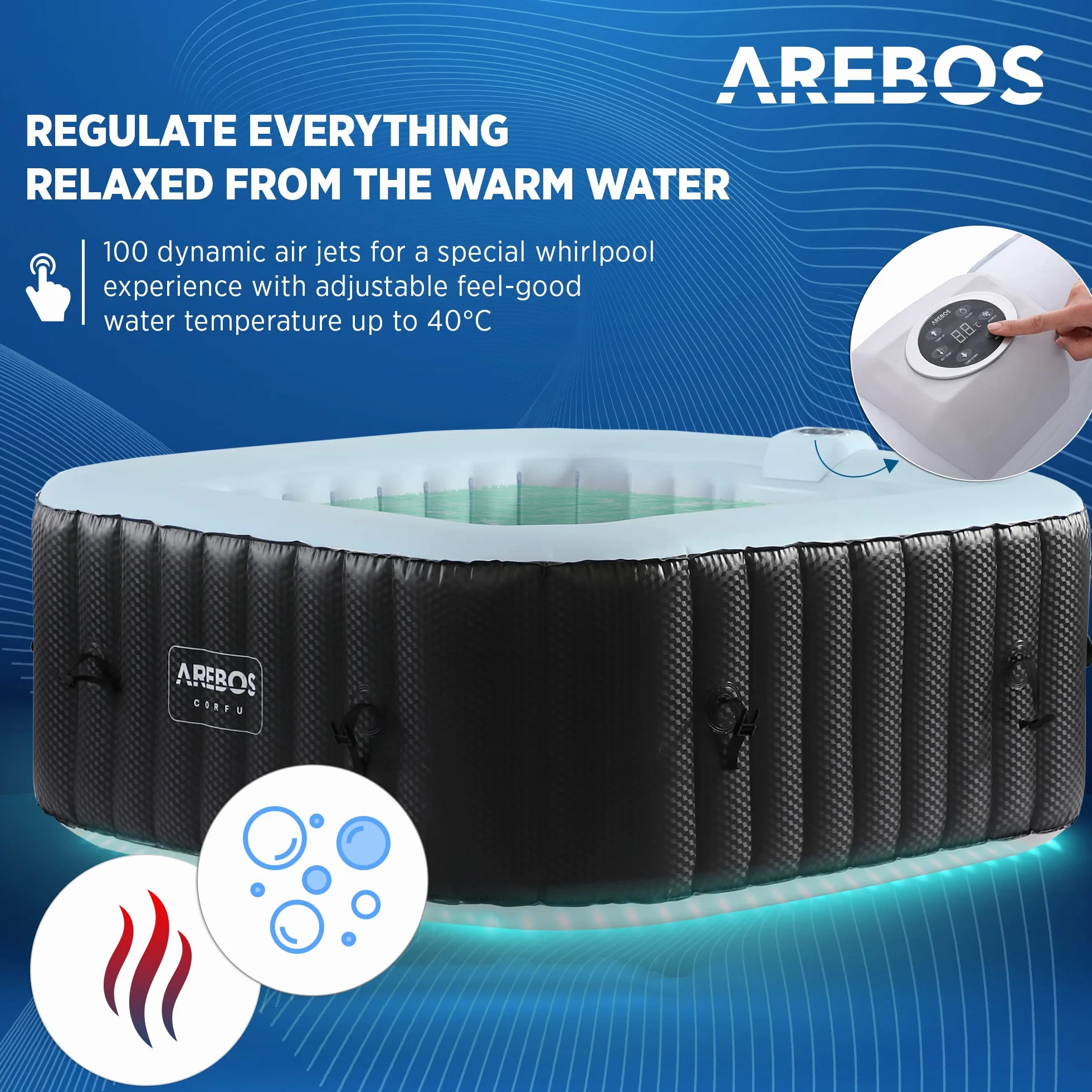 Arebos Nadmuchiwane spa z oświetleniem LED | Nadmuchiwane | do wnętrz i na zewnątrz | 154x154cm | 4 osoby | 130 dysz masujących | z ogrzewaniem | 600 litrów | z pokrywką | Spa i dobre samopoczucie