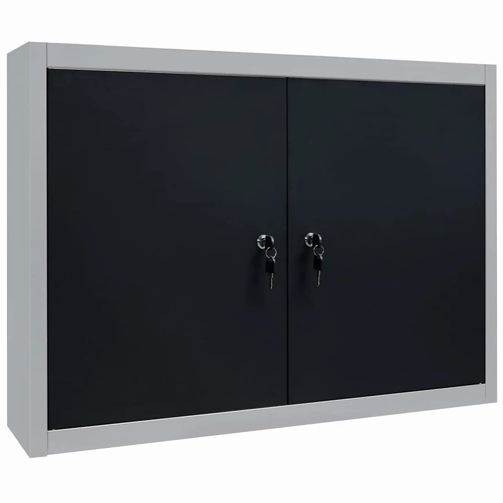 Szafa narzędziowa ścienna w stylu przemysłowym, metalowa, szara, czarna, z 2 półkami, płytą perforowaną, zamykanymi drzwiami, 80 x 19 x 60 cm, idealna do warsztatu, garażu, dla majsterkowiczów do