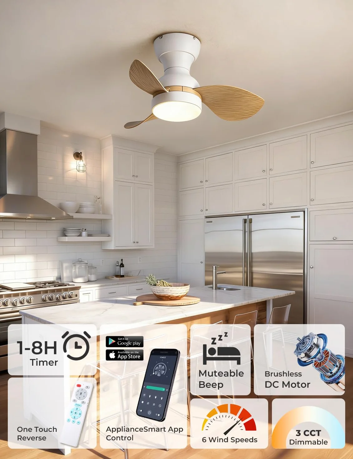 Ø56cm Mini wentylator sufitowy z lampą i pilotem zdalnego sterowania, mały wentylator sufitowy z oświetleniem, odwracalny tryb letni i zimowy, 6 biegów, cichy silnik DC, Biały + żyłkowanie