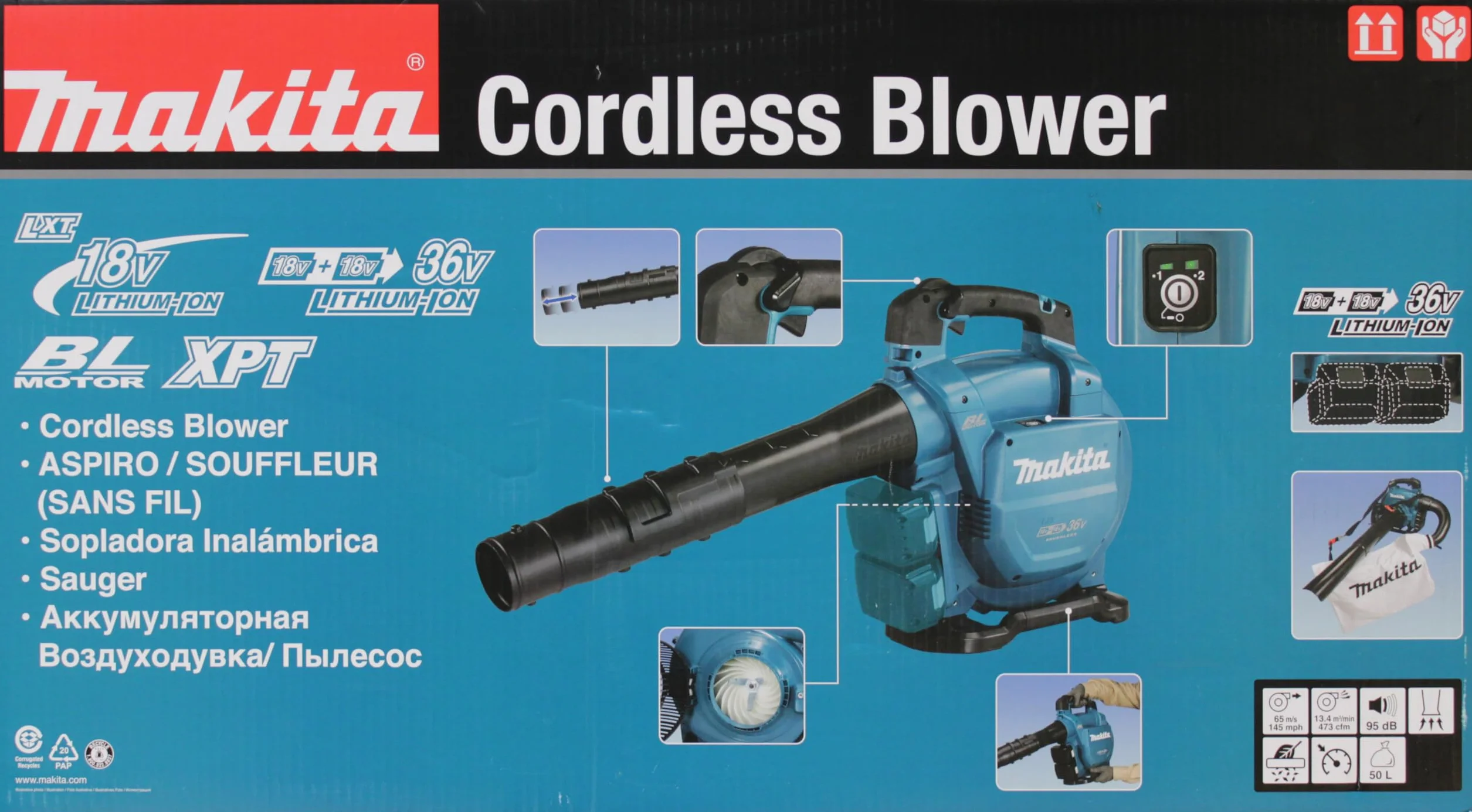 Makita DUB363PT2V akumulatorowa dmuchawa do liści/odkurzacz 2 x 18 V/5,0 Ah, 2 akumulatory + ładowarka z podwójną ładowarką
